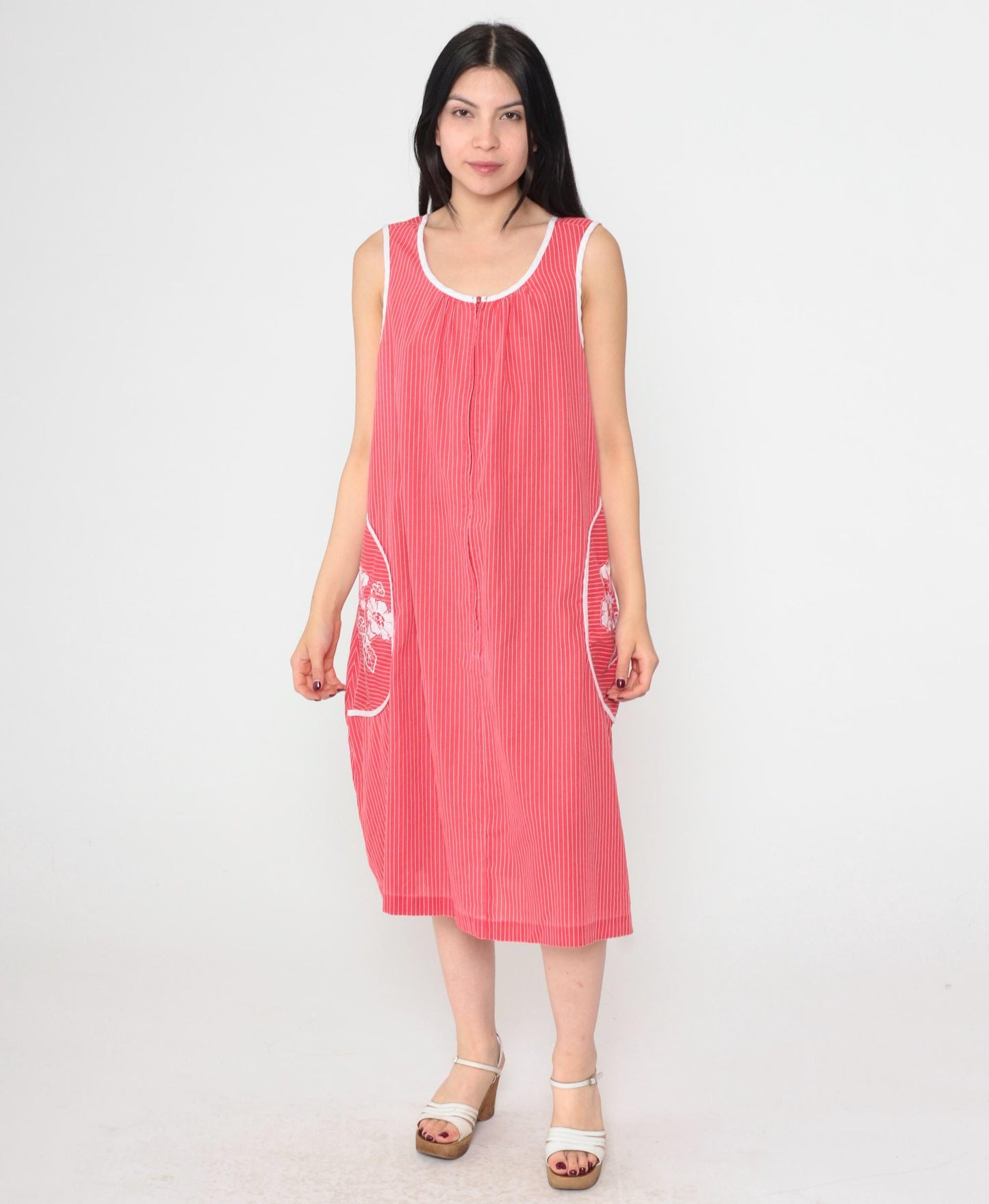 80s Red Striped Midi Dress Floral Embroidered Pockets Sleeveless Scoop Neck Large