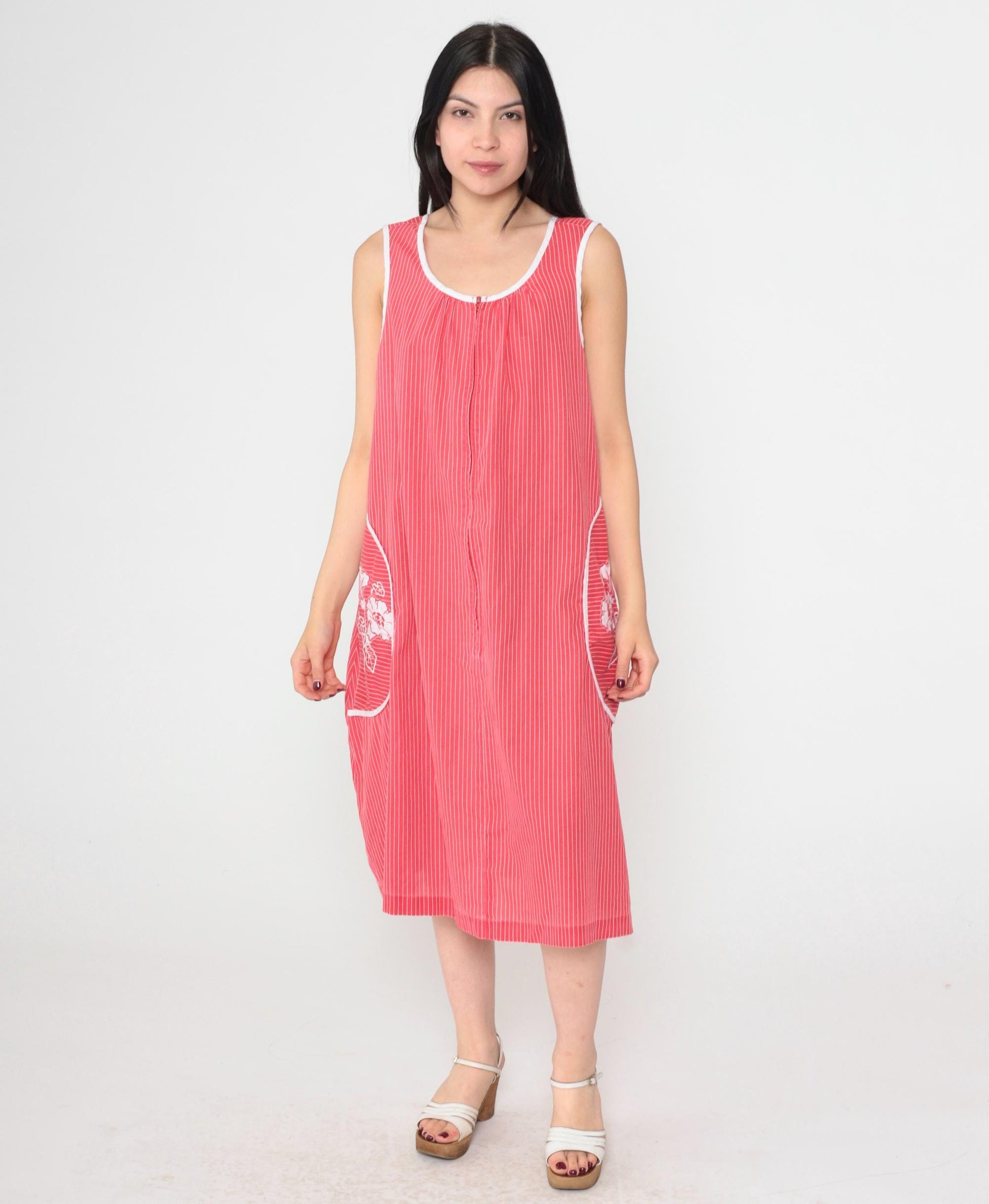 80s Red Striped Midi Dress Floral Embroidered Pockets Sleeveless Scoop Neck Large