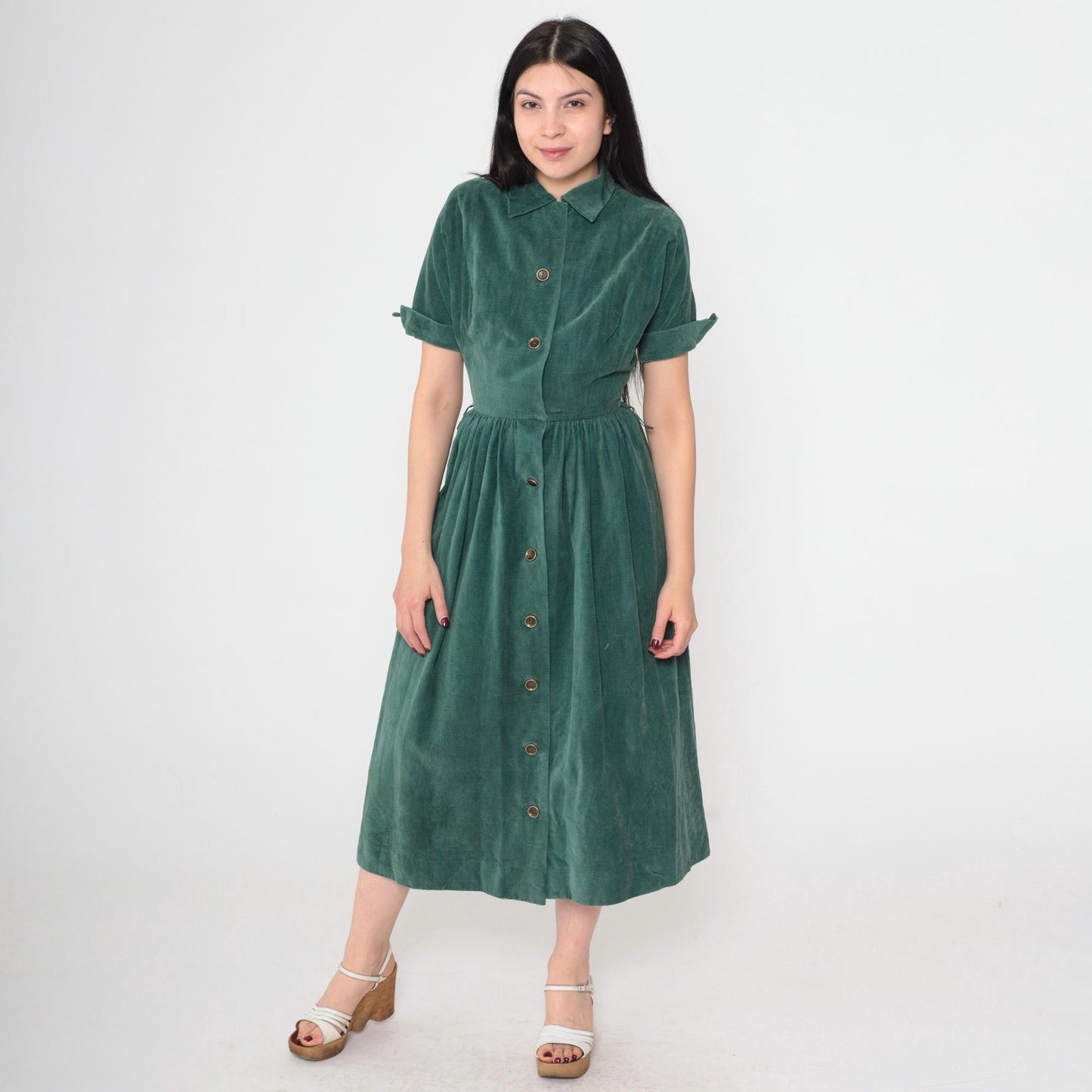1940s Green Corduroy Button-Up Dress Collared Short Sleeve Gathered Waist Midi Extra Small