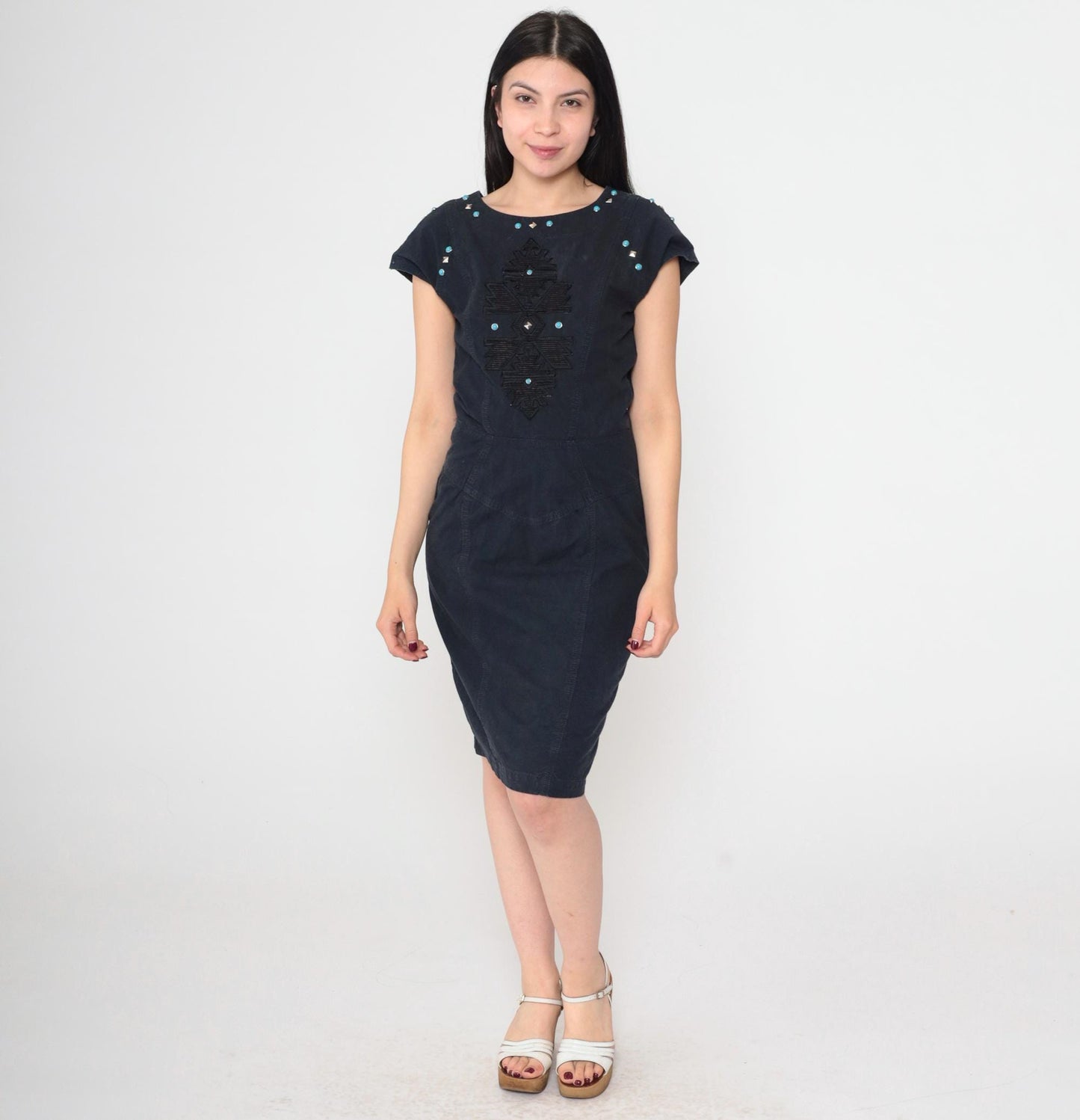 90s Black Southwestern Embroidered Dress Turquoise Studs Cap Sleeve V Back Small