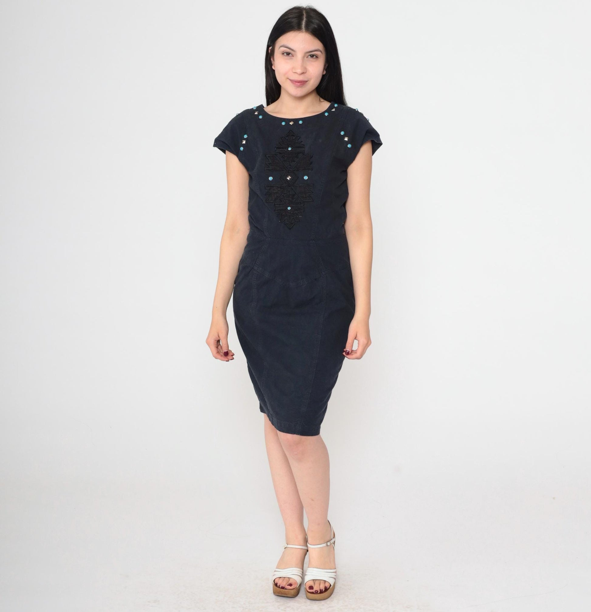 90s Black Southwestern Embroidered Dress Turquoise Studs Cap Sleeve V Back Small