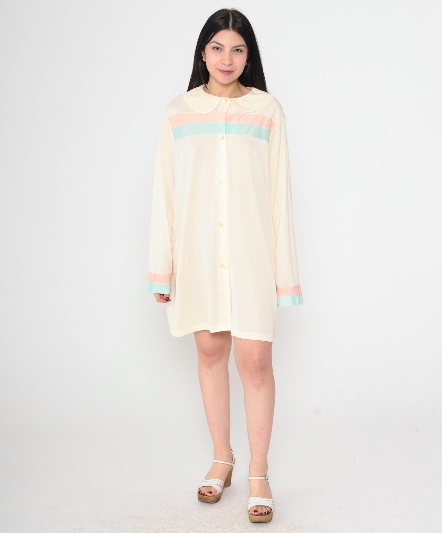 60s Cream Striped Nightgown Peter Pan Collar Mini Shift Nylon Large