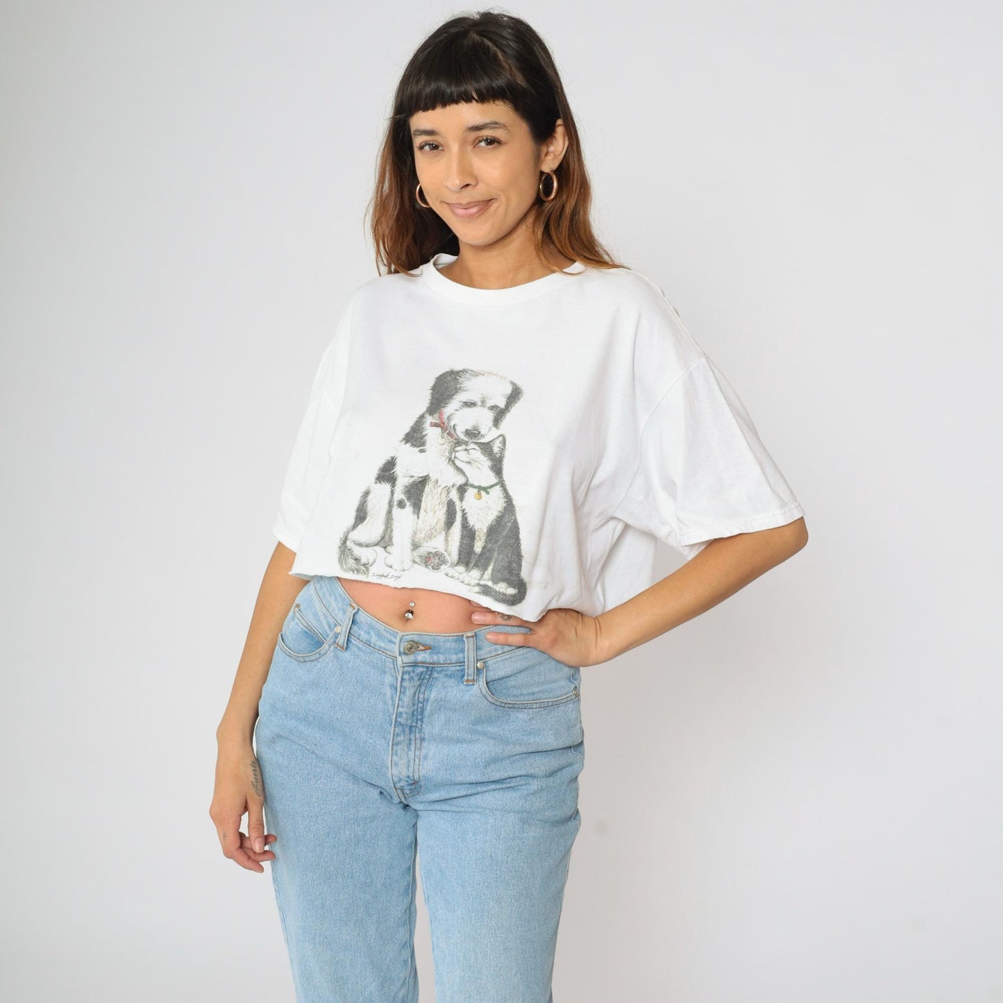 90s Cat & Dog Graphic Crop Top White Cotton T-Shirt Large L