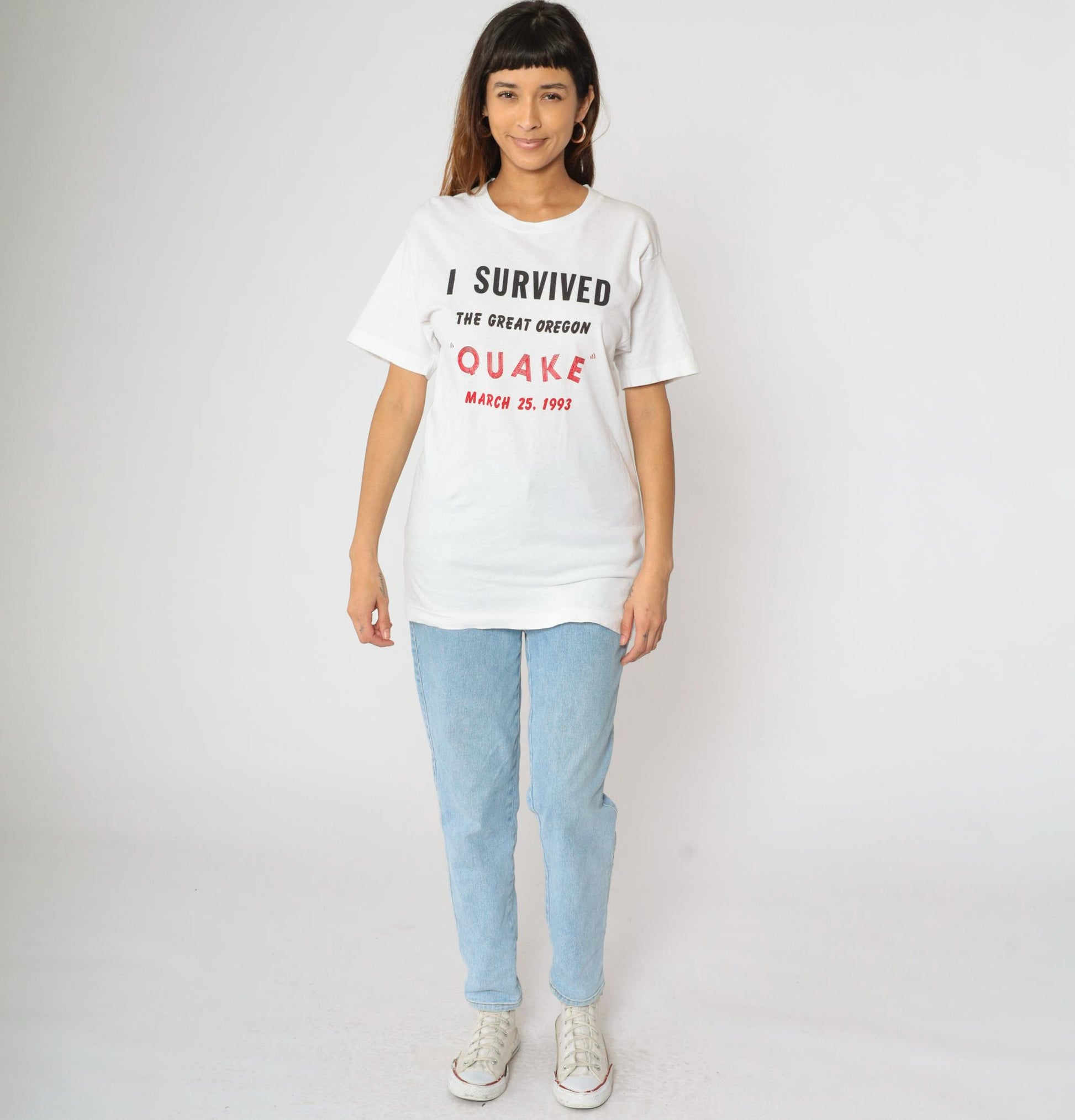1993 Oregon Earthquake Survivor Graphic T-Shirt White Cotton Crewneck Medium