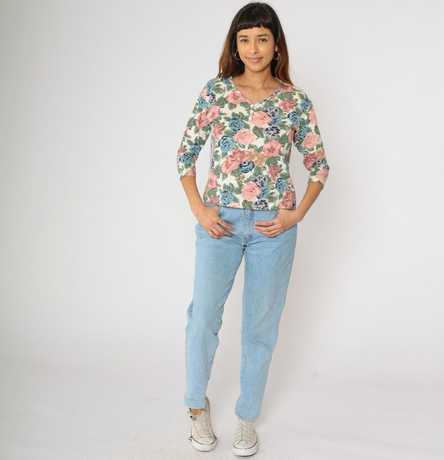 90s Floral Henley Shirt Pastel Print 3/4 Sleeve Button Up Cotton Medium M