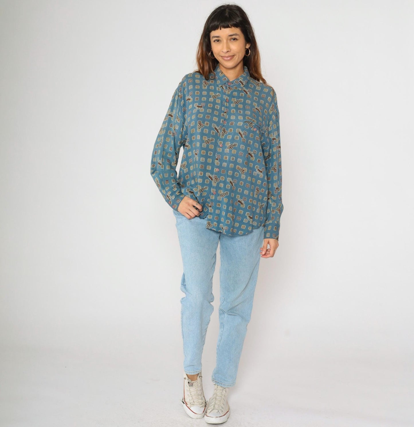 90s Forenza Blue Geometric Crown Print Button Up Shirt Large L