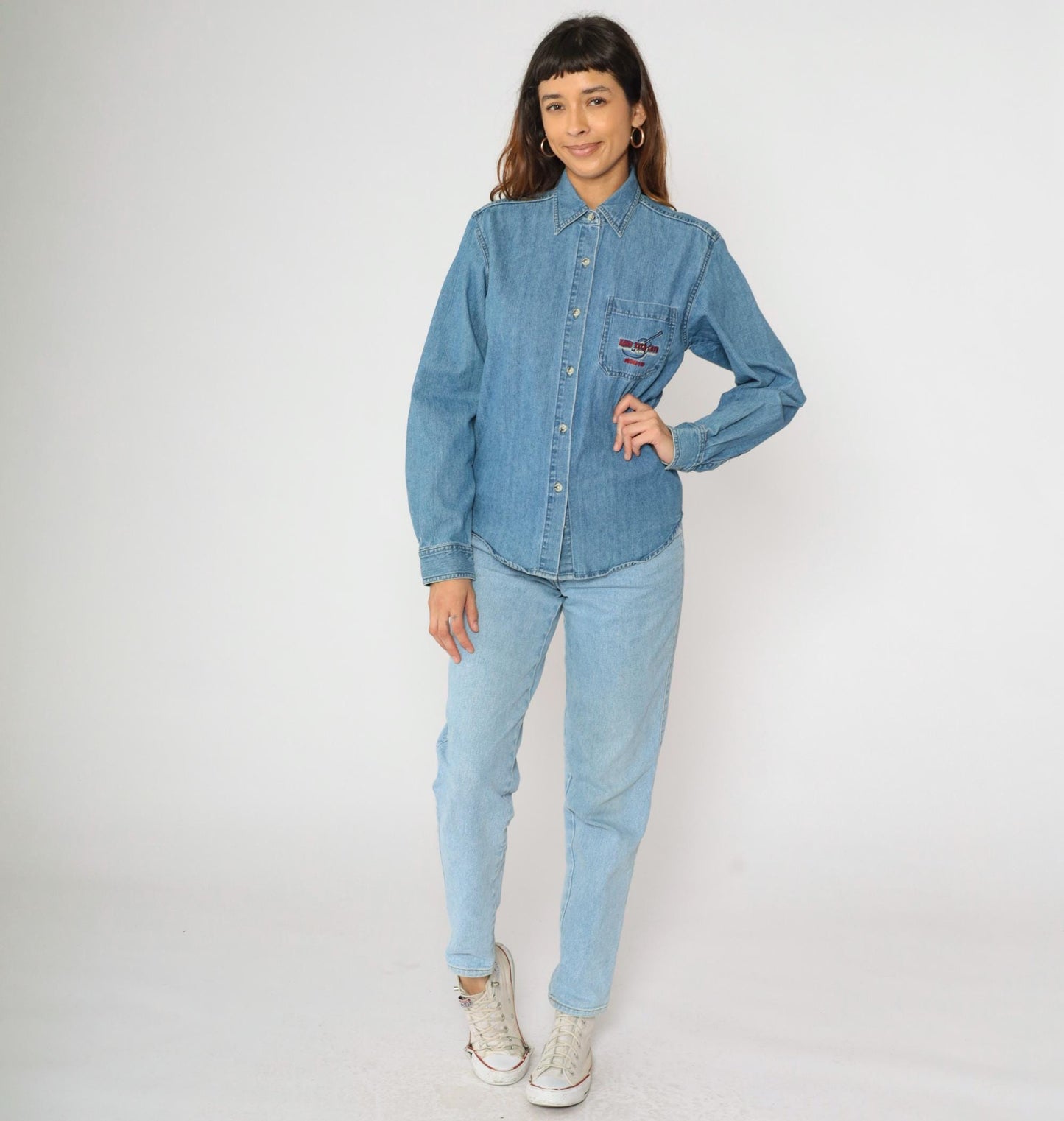 00s Hard Rock Cafe Memphis Denim Button-Up Shirt Blue Embroidered Medium M