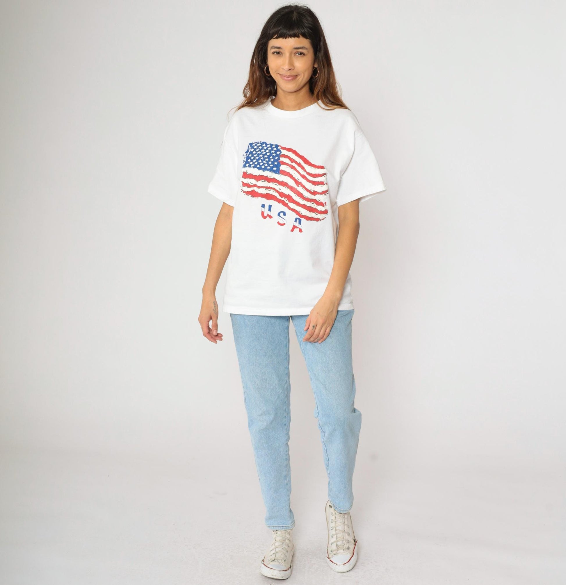 90s American Flag USA Graphic T-Shirt Fruit of the Loom White Crewneck Medium