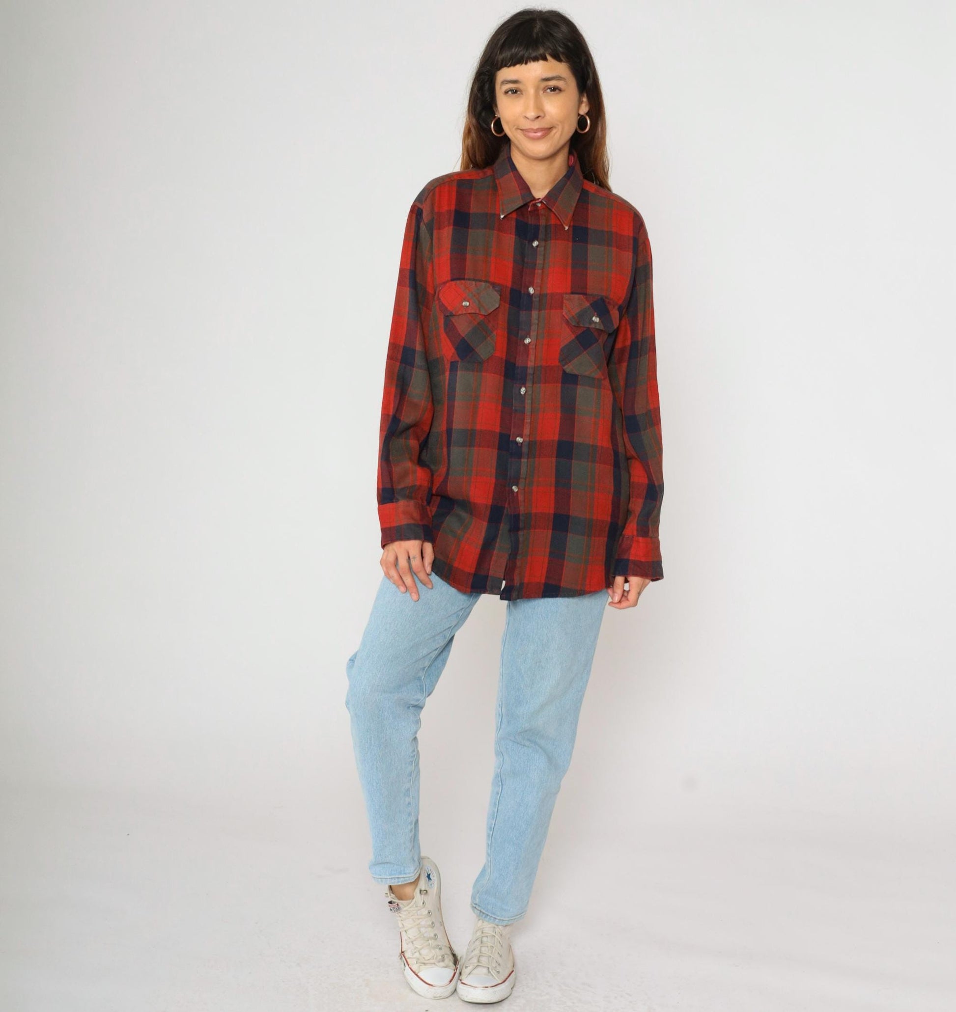 80s Northwest Territory Plaid Button Up Shirt Red Navy Acrylic Men's Large