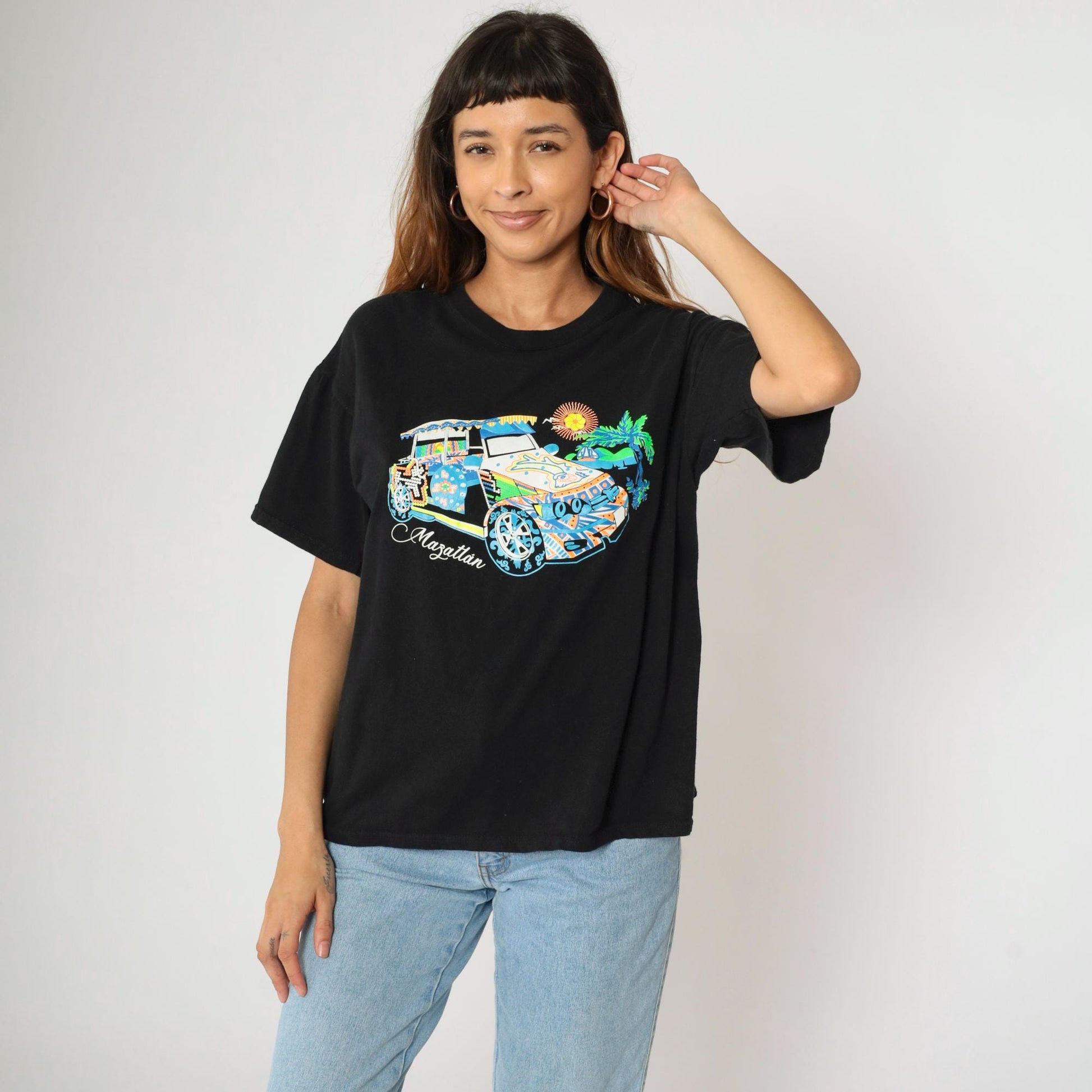 Y2K Mazatlán Mexico Graphic Tee Black Car Palm Tree Print Large L