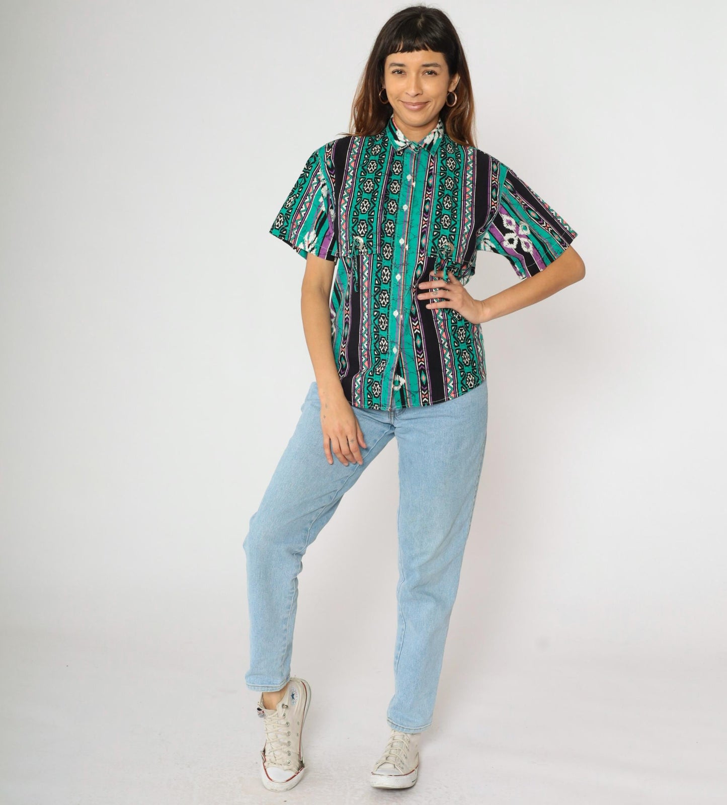 90s Frontier Series Western Shirt Green Purple Aztec Print Snap Button Small