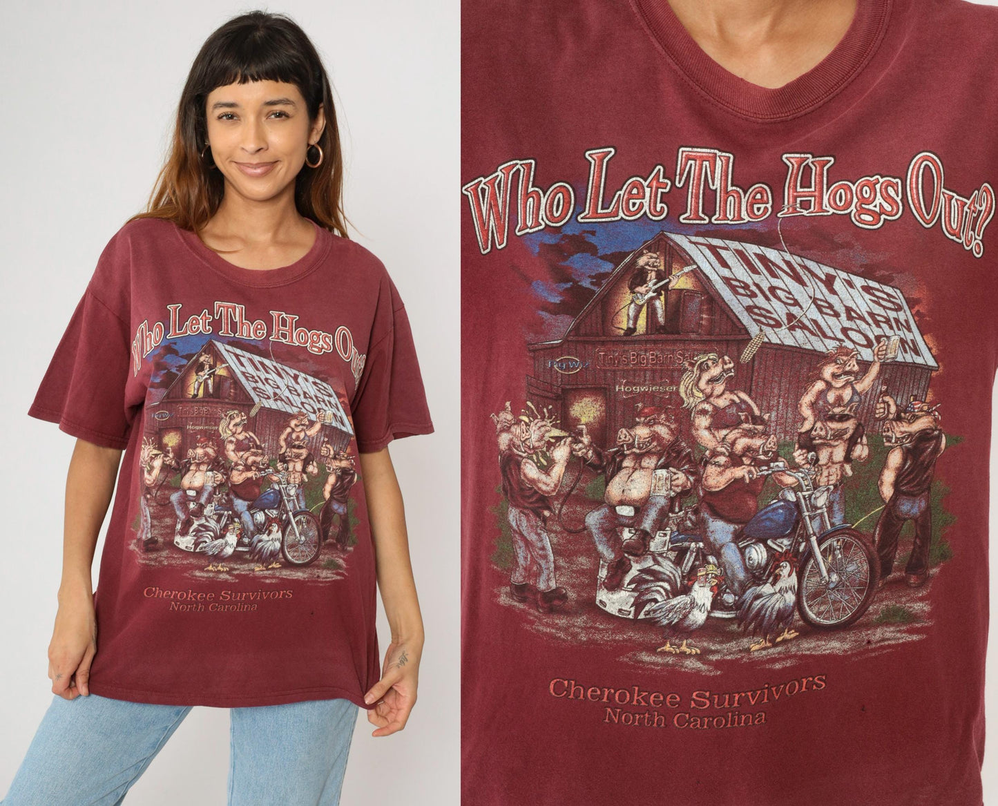 2000s Cherokee Survivors Rally Biker Graphic T-Shirt Maroon Pig Motorcycle Large