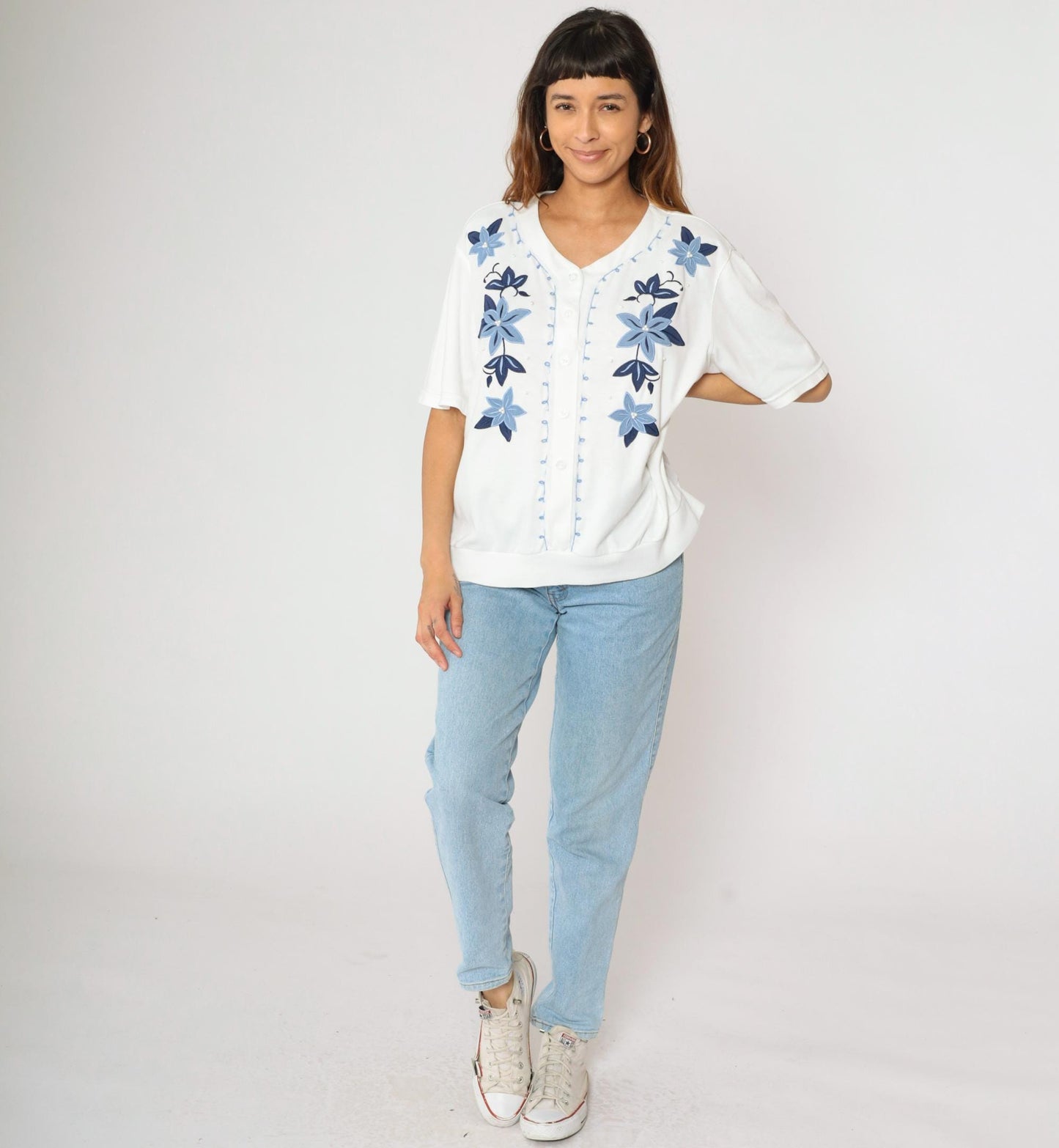 80s Alfred Dunner White Floral Embroidered Pearl Beaded Button Up Blouse Large