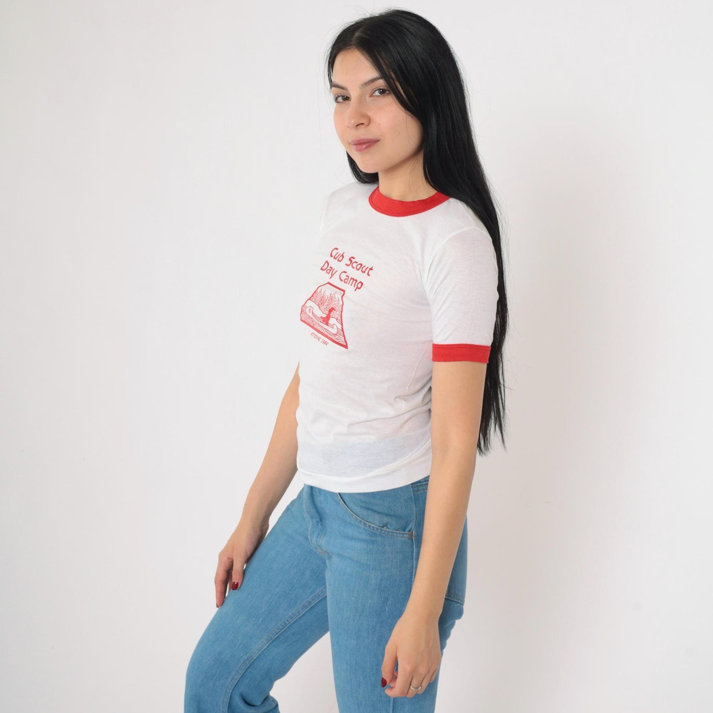 1980s Cub Scout Day Camp Attoyac Ringer Tee White Red Graphic 2XS
