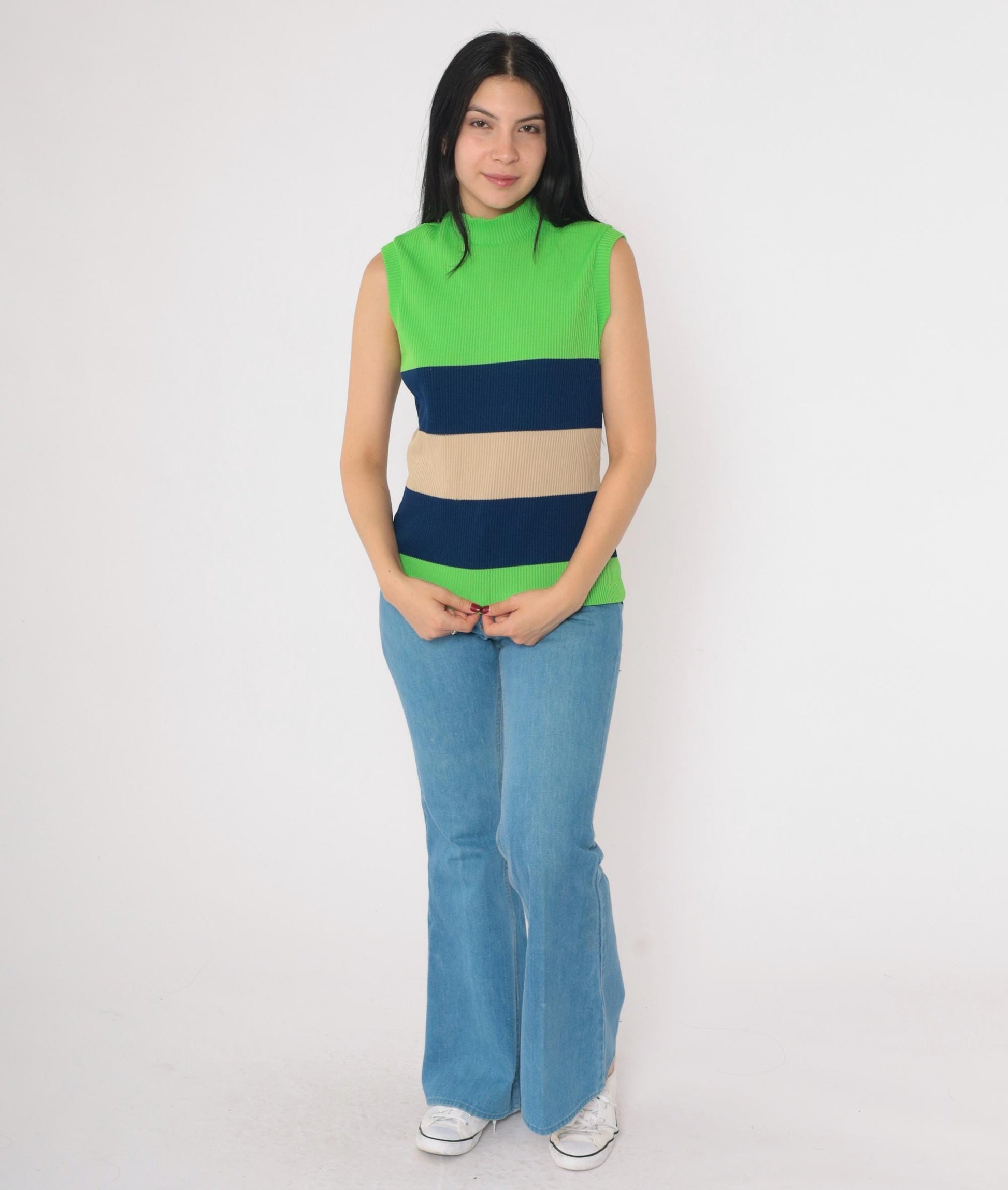 70s Fire Islander Tank Top Lime Green Navy Tan Striped Mock Neck Medium Large