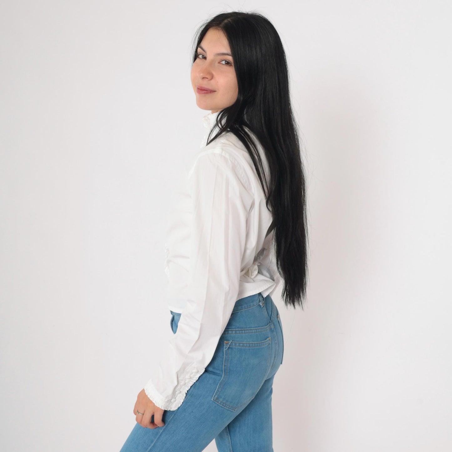 Y2K DKNY White Cotton Ruffle Blouse High Neck Button Up Small 6