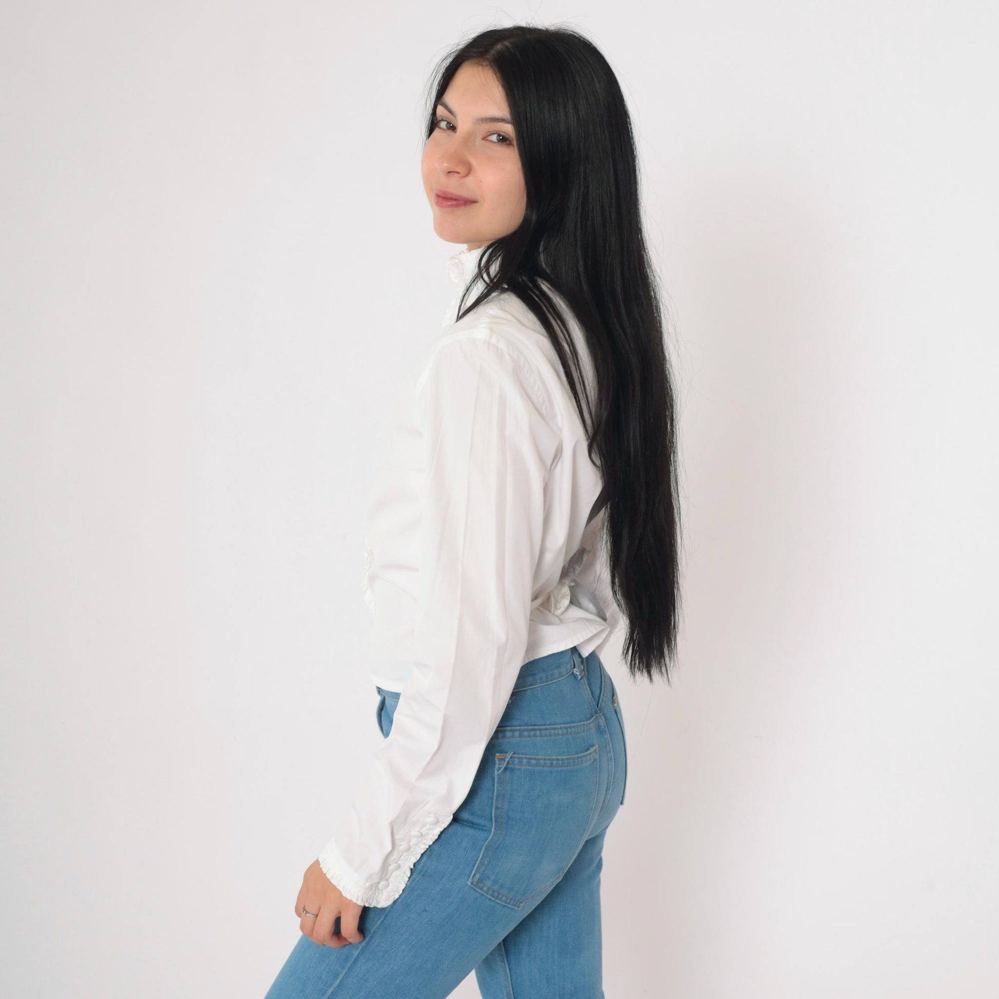 Y2K DKNY White Cotton Ruffle Blouse High Neck Button Up Small 6