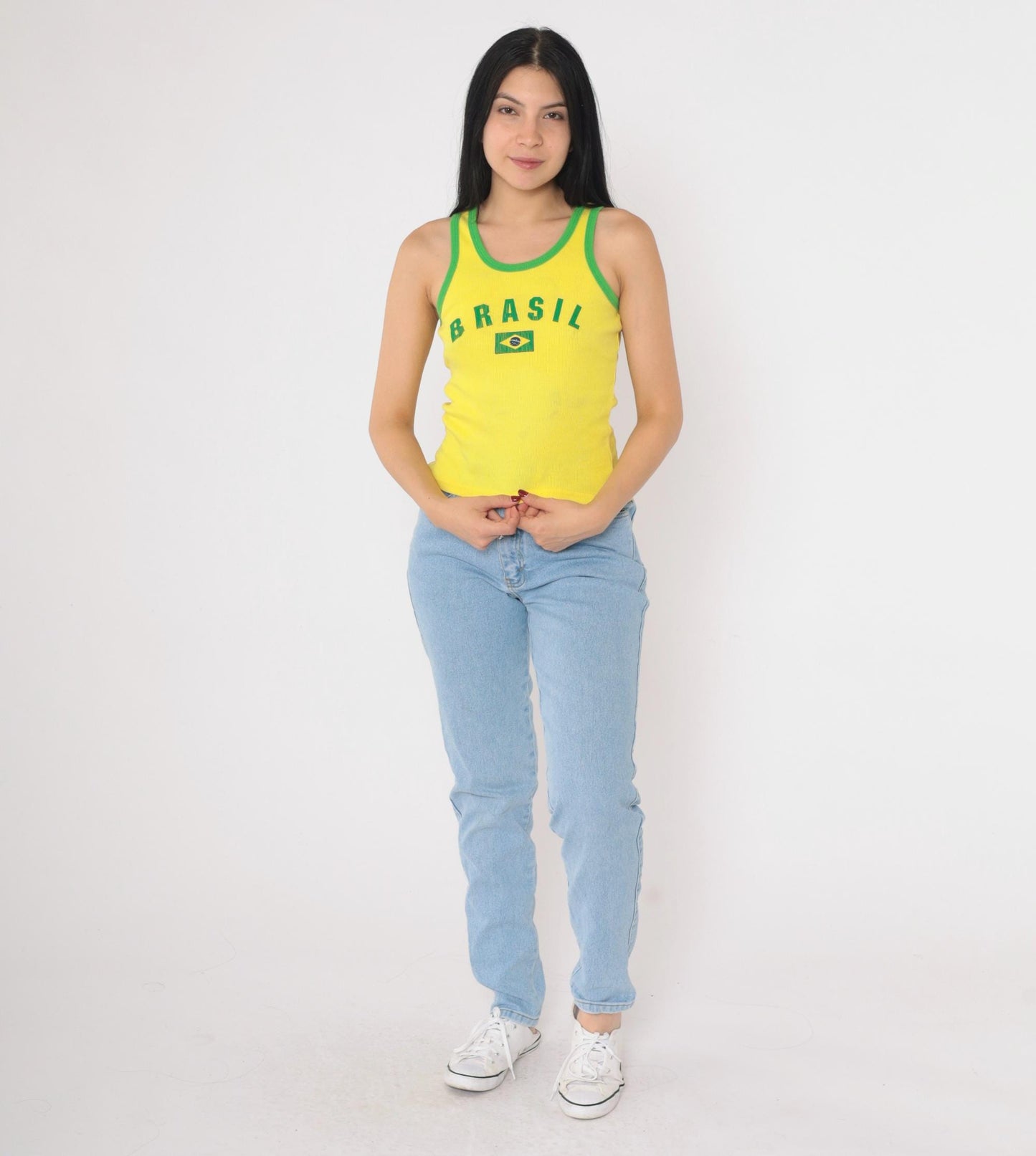 00s Brasil Tank Top Yellow Ringer Graphic Cotton Fitted Small S