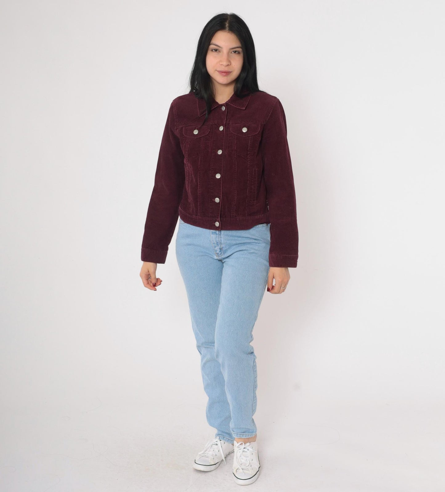 2000s Old Navy Burgundy Corduroy Trucker Jacket Silver Buttons Small S