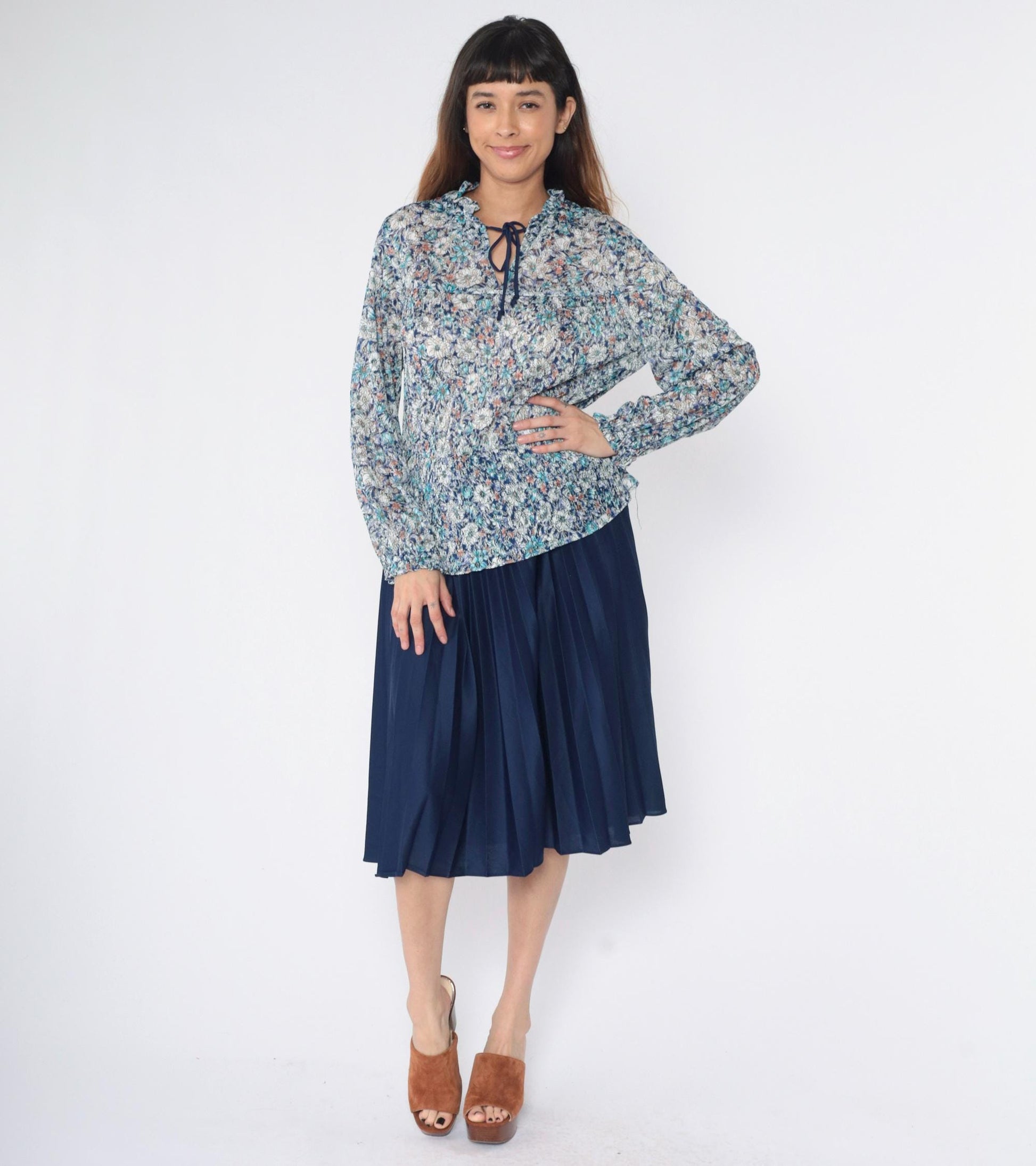70s Blue Floral Lace Midi Dress Long Sleeve Ruffle Collar Smocked Waist Medium Large