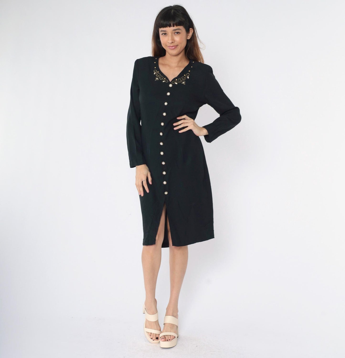 90s Black Beaded Sheath Dress Gold Studs Long Sleeve Button Front Midi Medium