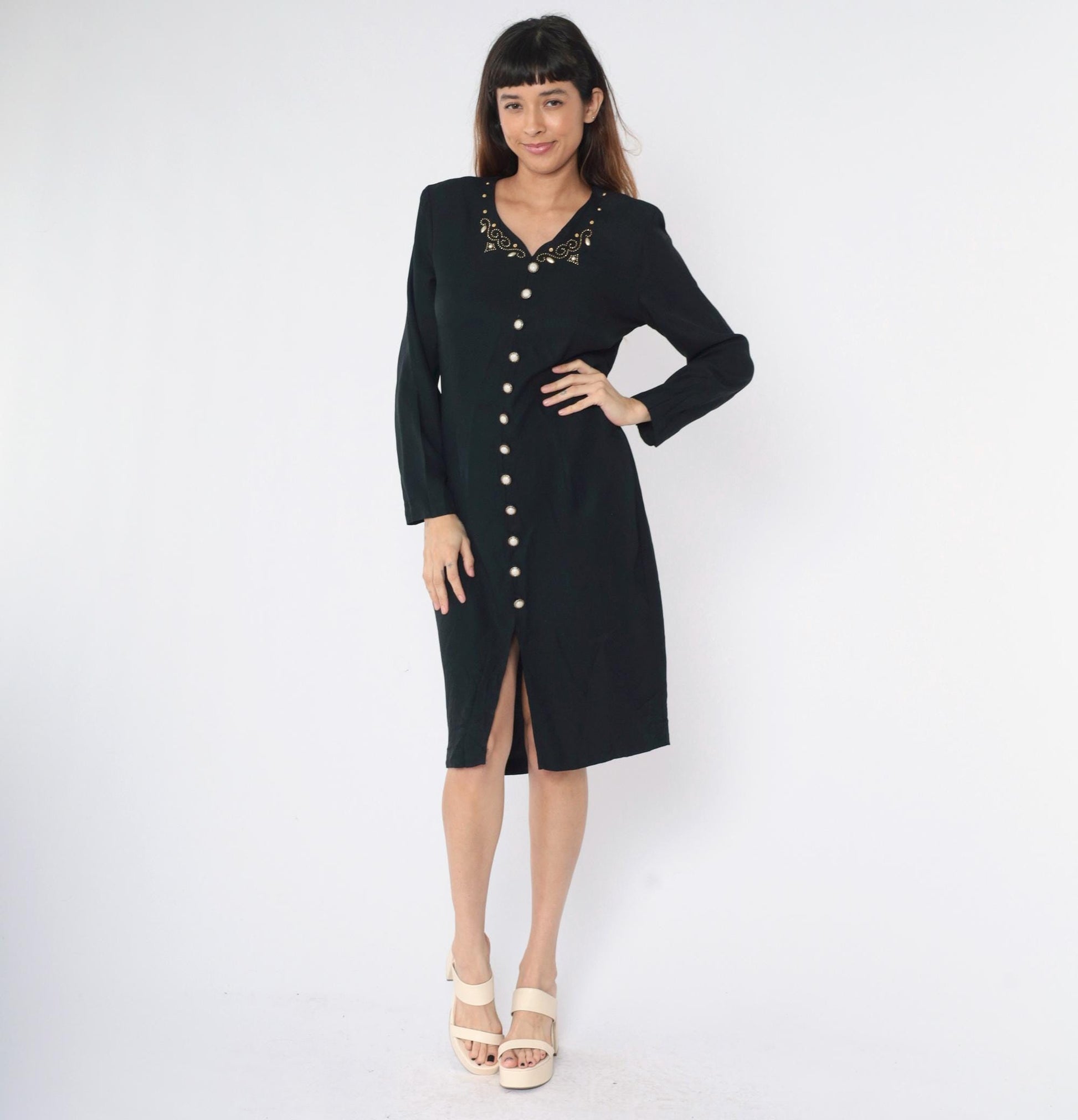 90s Black Beaded Sheath Dress Gold Studs Long Sleeve Button Front Midi Medium