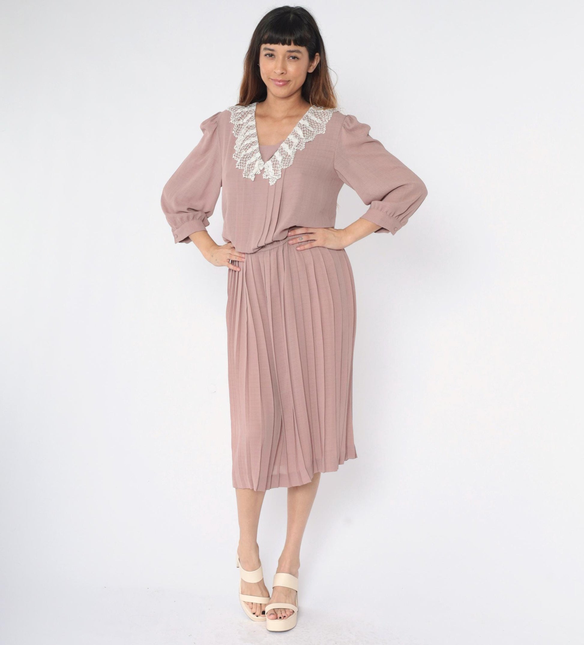 80s Mauve Pleated Midi Dress Lace Collar Long Sleeve Medium M