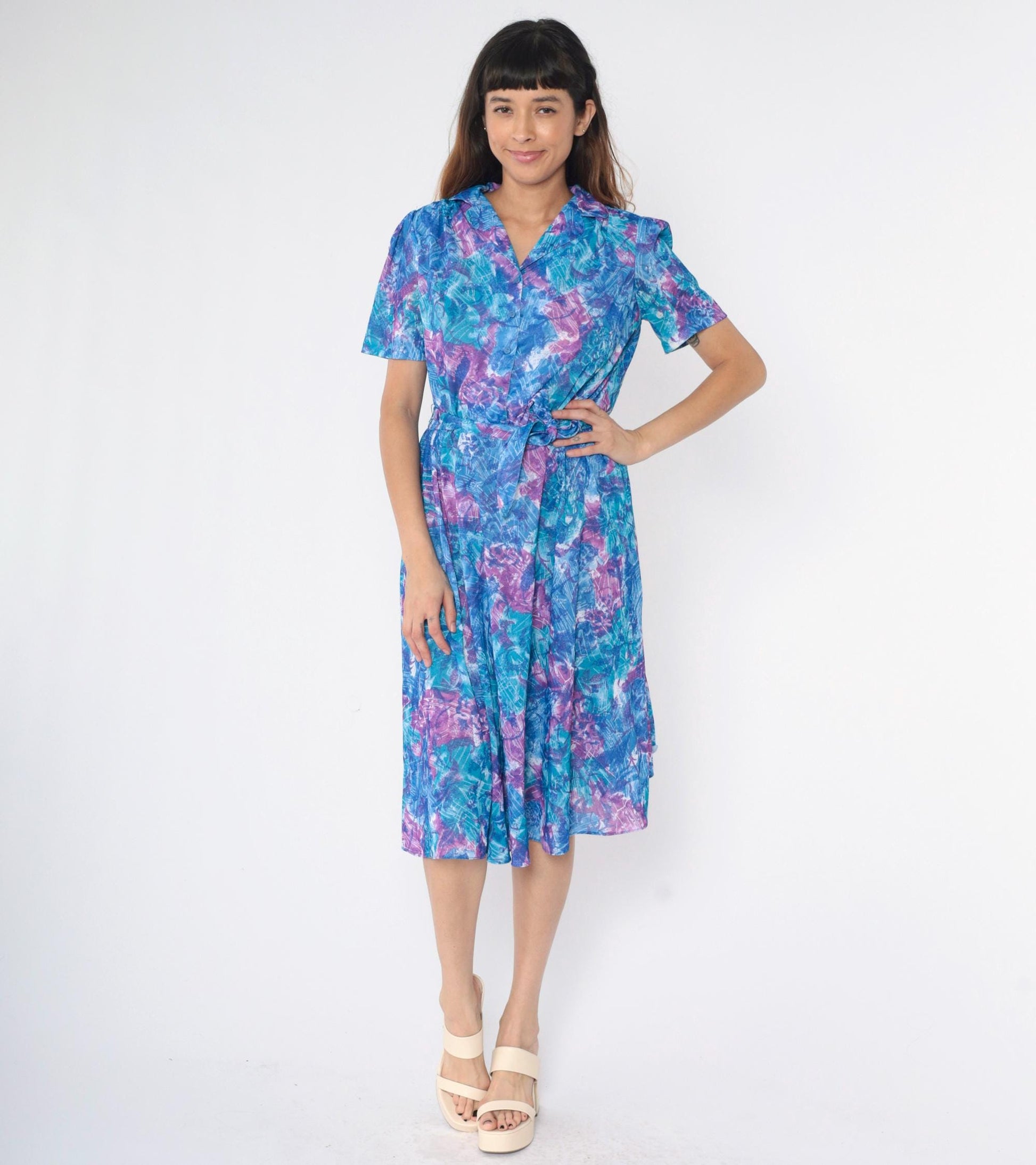 80s Abstract Floral Midi Dress Blue Purple Puff Sleeve Button Up High Waisted Small Medium