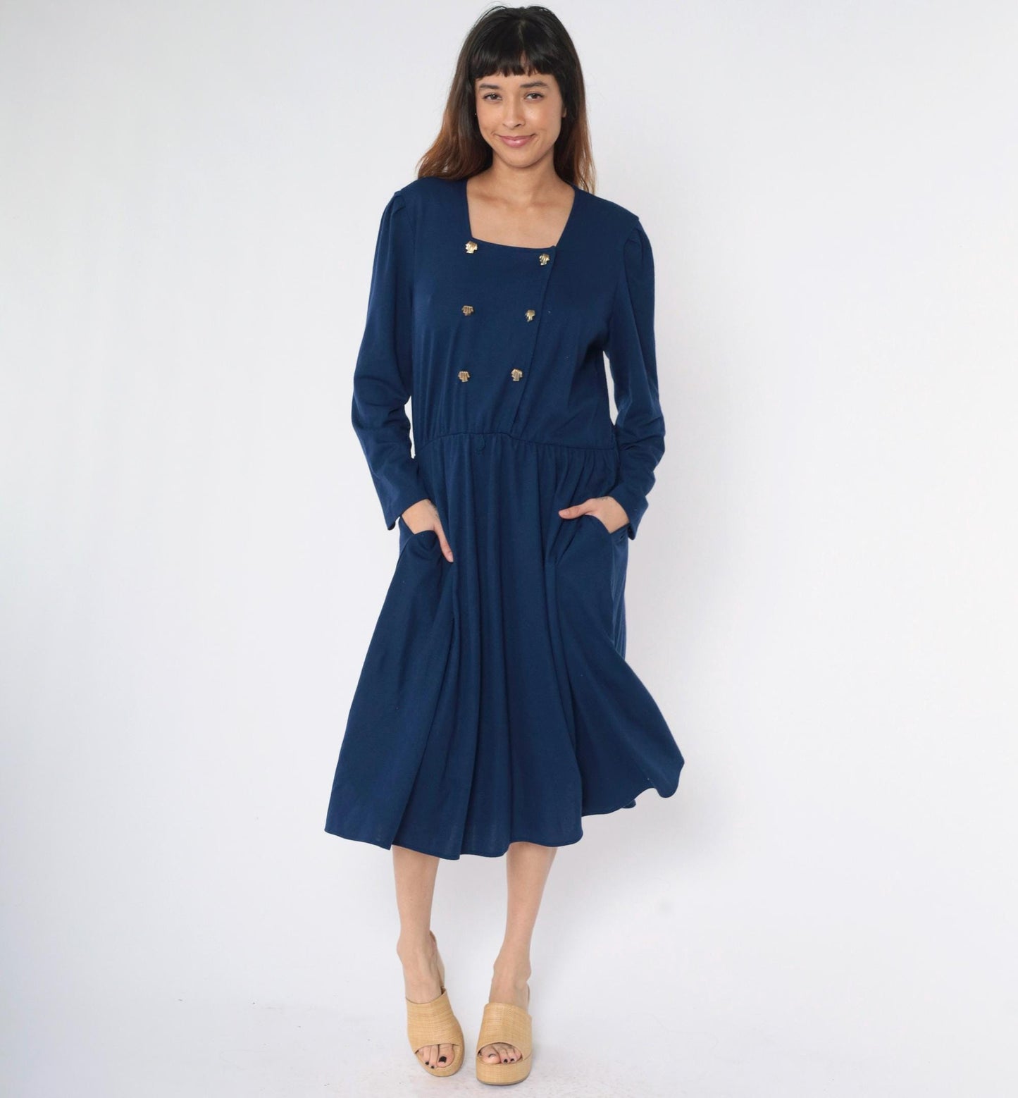 80s Tabby of California Navy Double Breasted Midi Shirtdress Puff Sleeve Medium Large