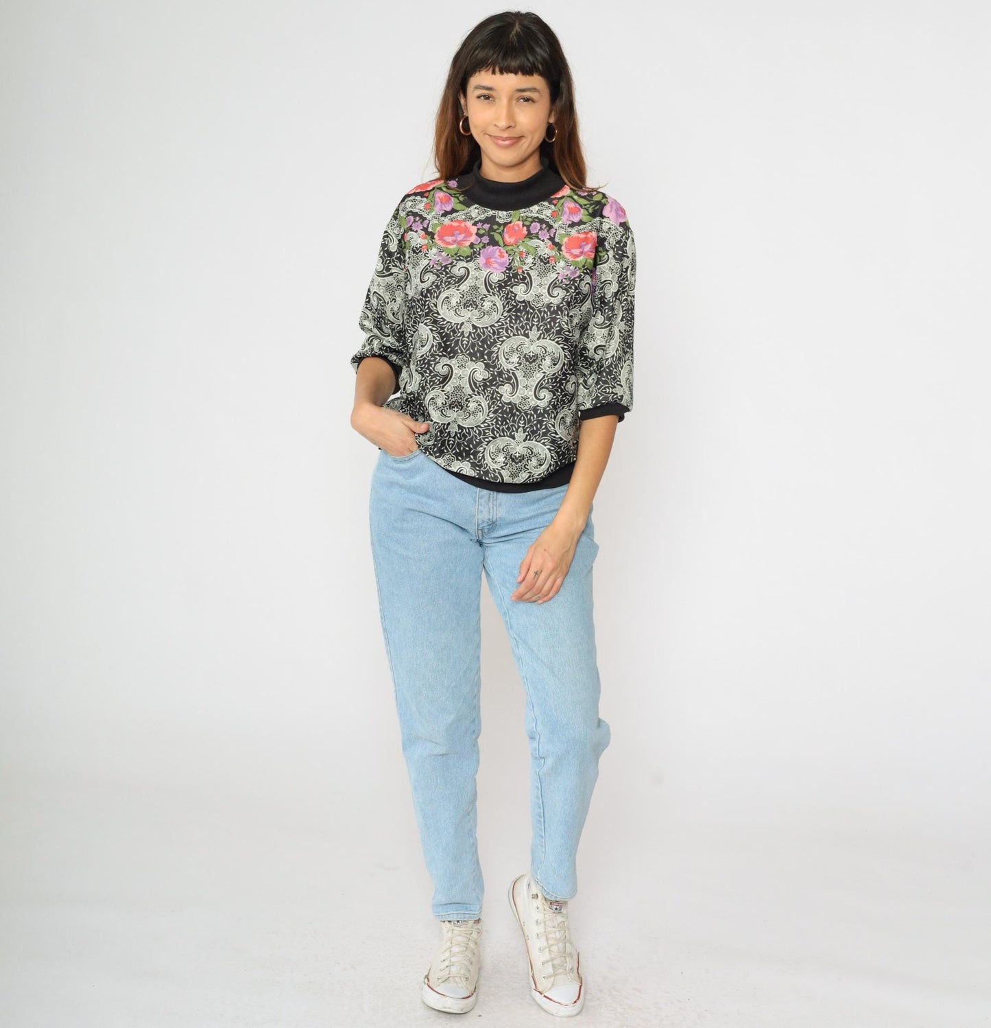 80s Black Floral Paisley Blouse Mock Neck 3/4 Sleeve Large L