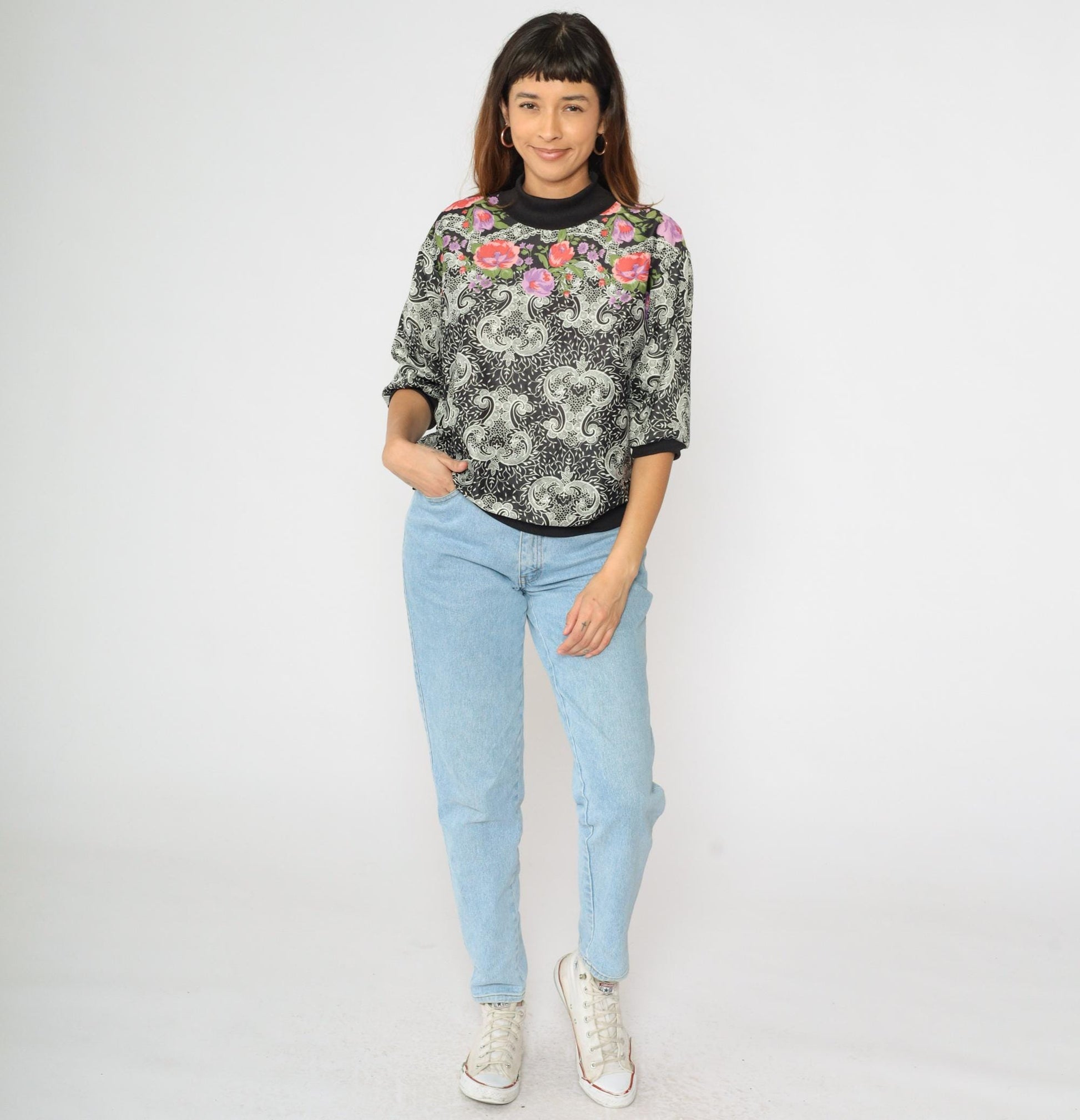 80s Black Floral Paisley Blouse Mock Neck 3/4 Sleeve Large L