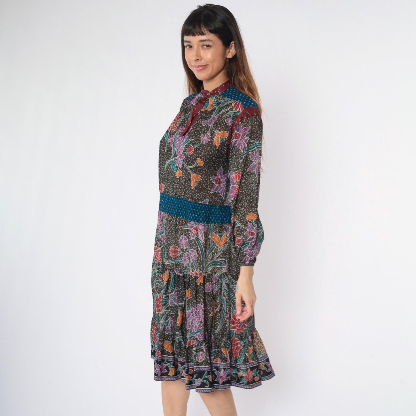 70s Black Floral Midi Dress High Neck Smocked Waist Long Sleeve Medium M