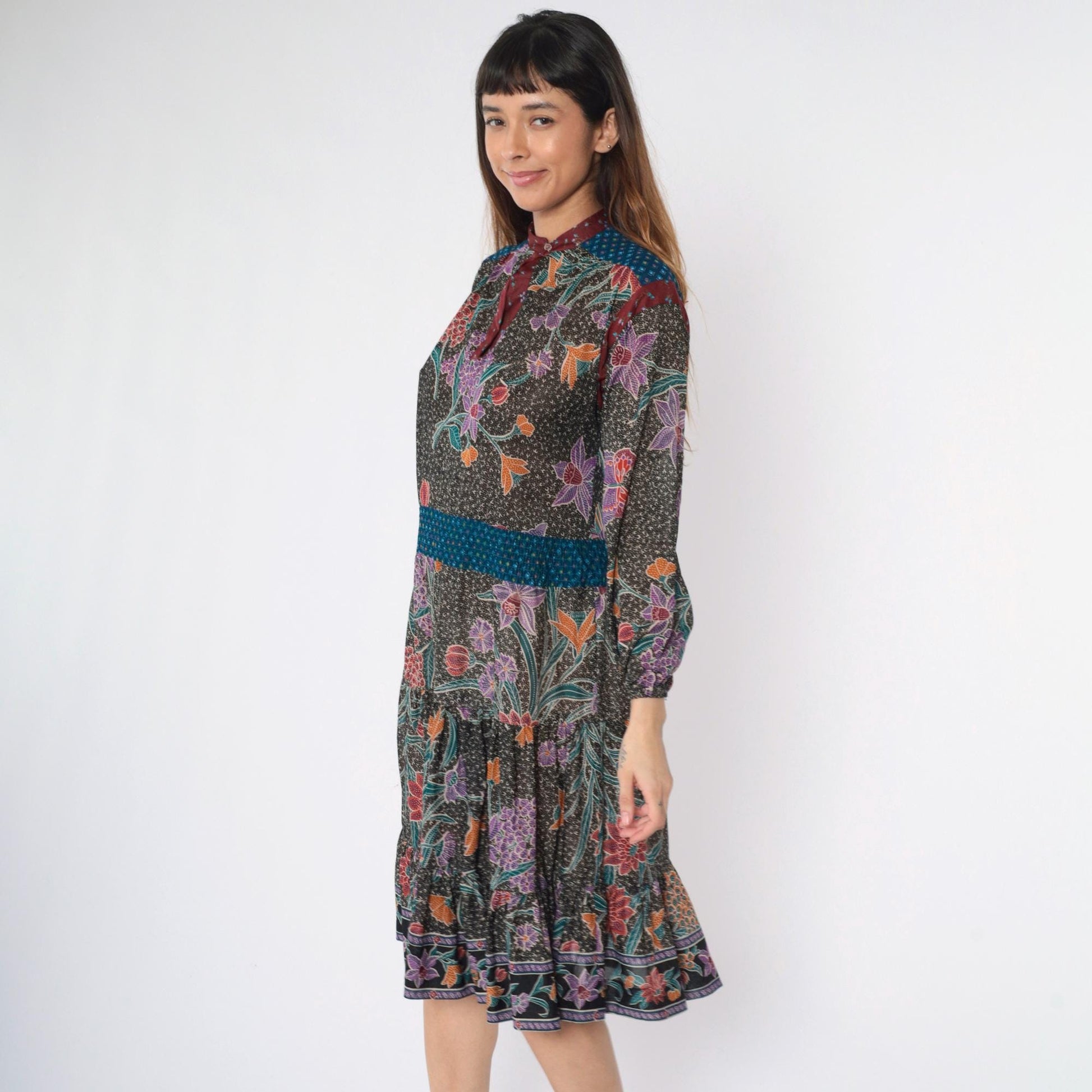 70s Black Floral Midi Dress High Neck Smocked Waist Long Sleeve Medium M