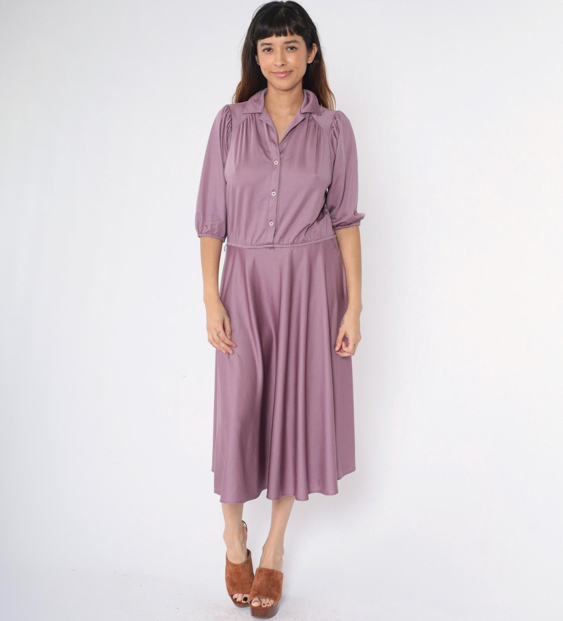 80s Purple Puff Sleeve Midi Shirtdress High Waist Button Up Medium Large
