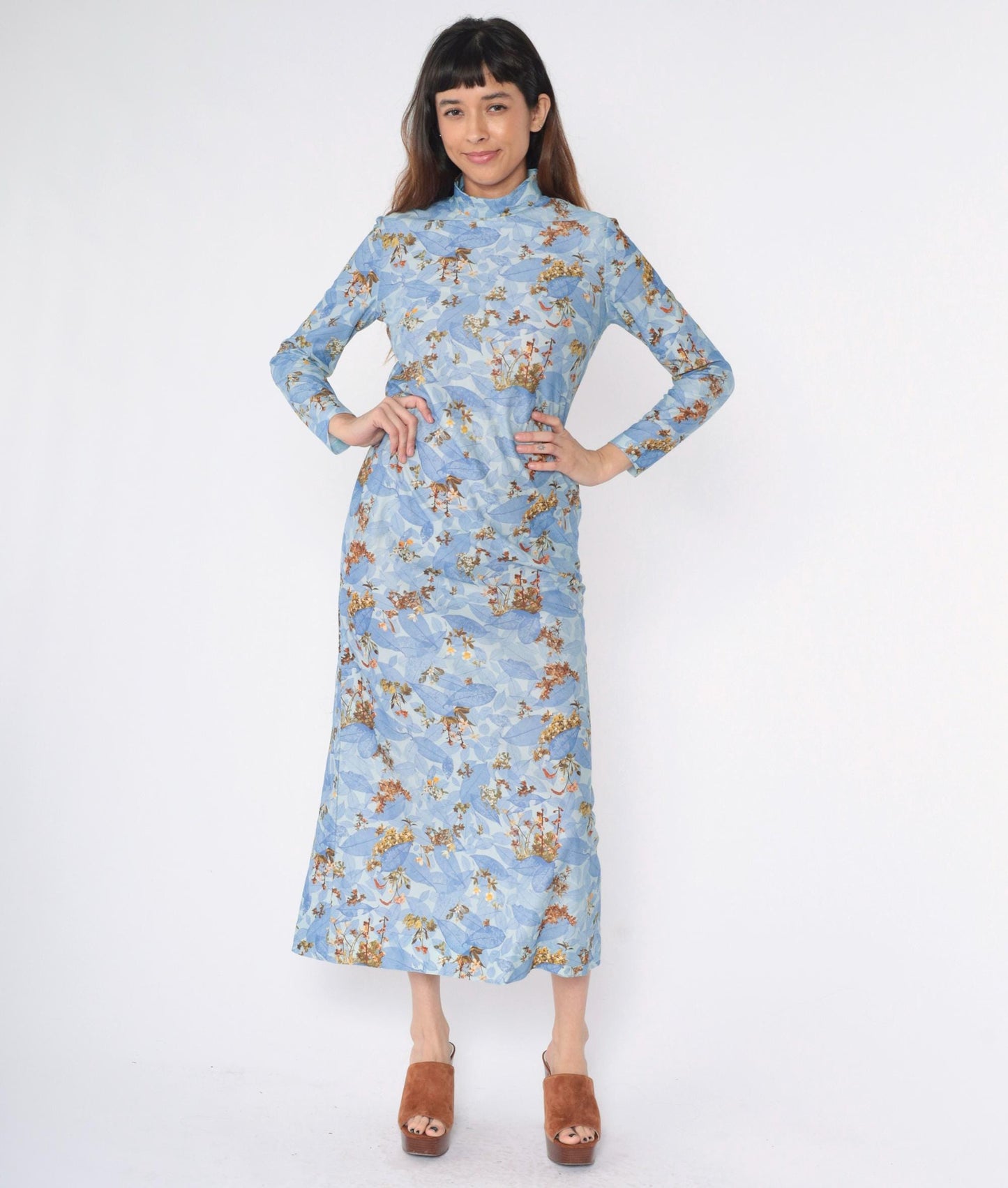 70s Blue Floral Maxi Dress Mock Neck Long Sleeve Small