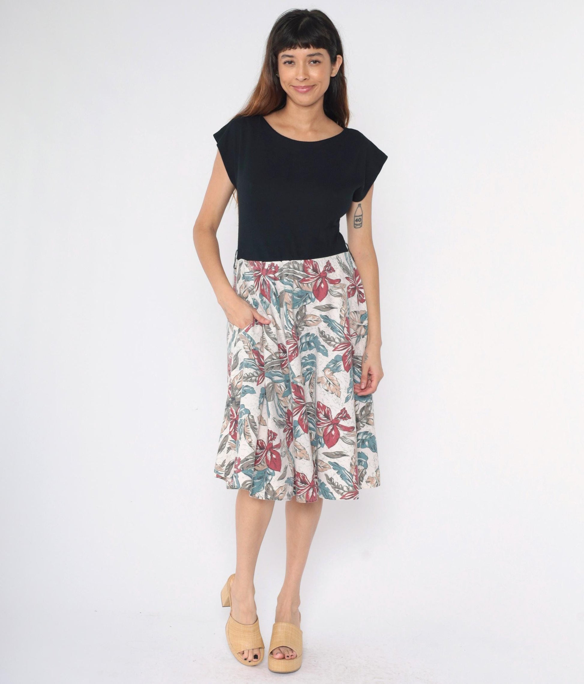 80s Tropical Floral Midi Dress Black Bodice Cap Sleeve V-Back Medium M