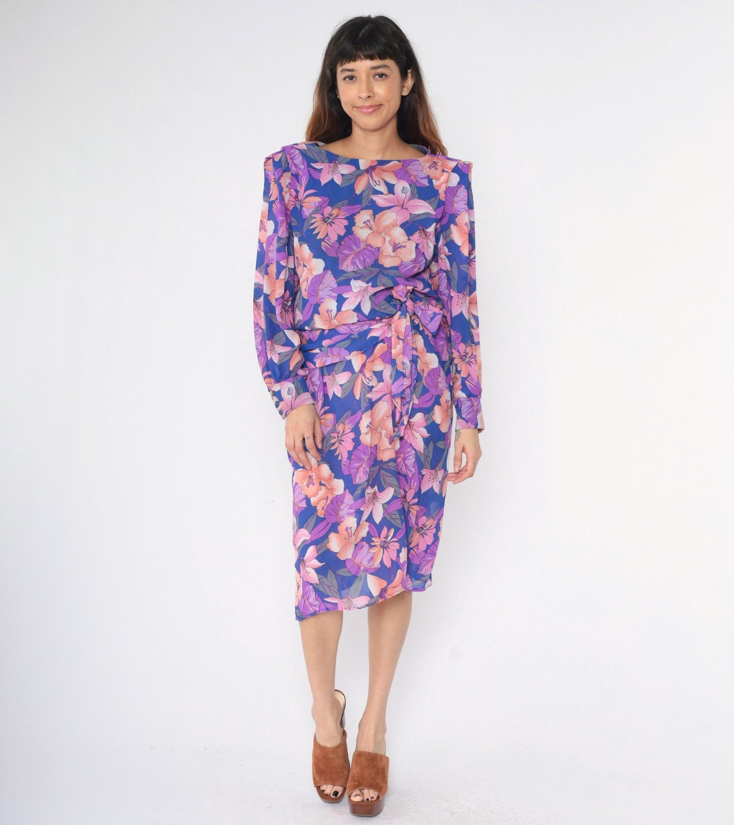 80s Tropical Floral Midi Dress Purple Hibiscus Print Puff Sleeve Tie Waist Medium