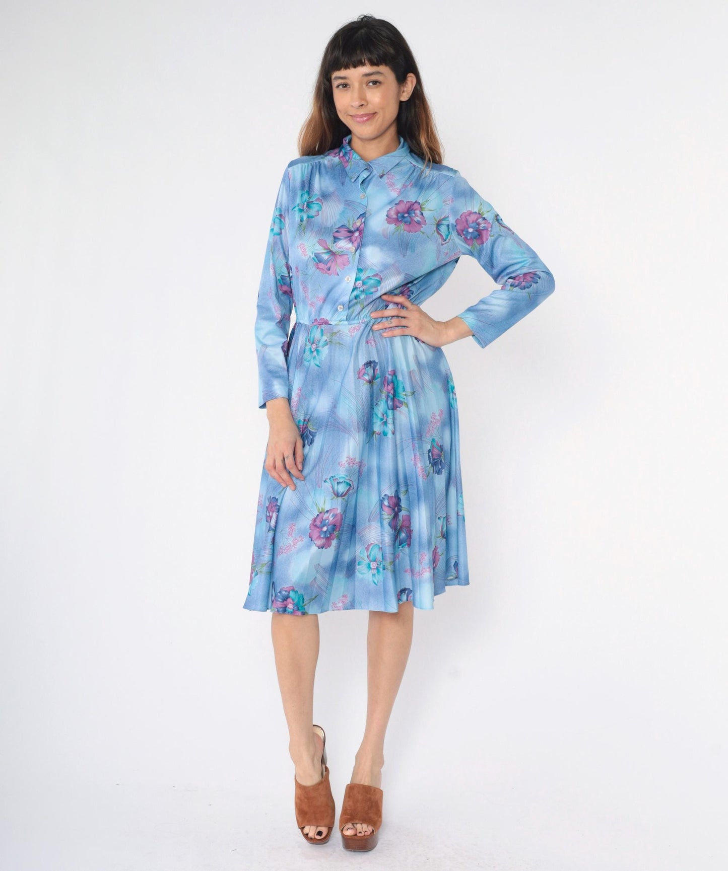 70s Sears Floral Midi Shirt Dress Blue High Waist Pleated Medium