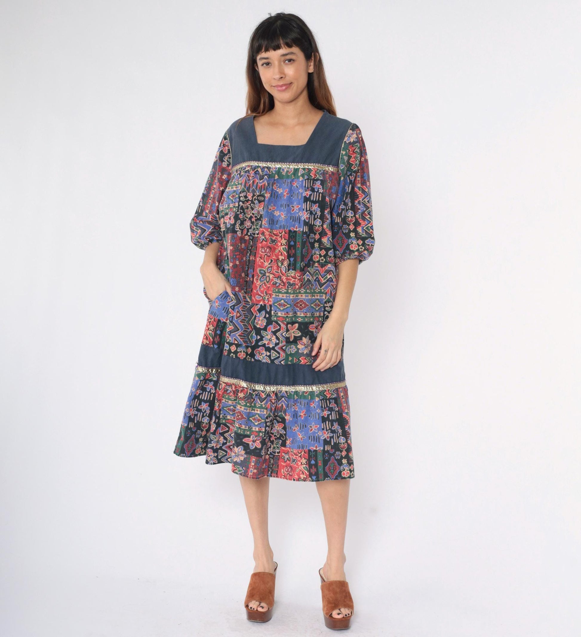 80s Patchwork Midi Dress Floral Geometric Square Neck Puff Sleeve Tiered Medium Large