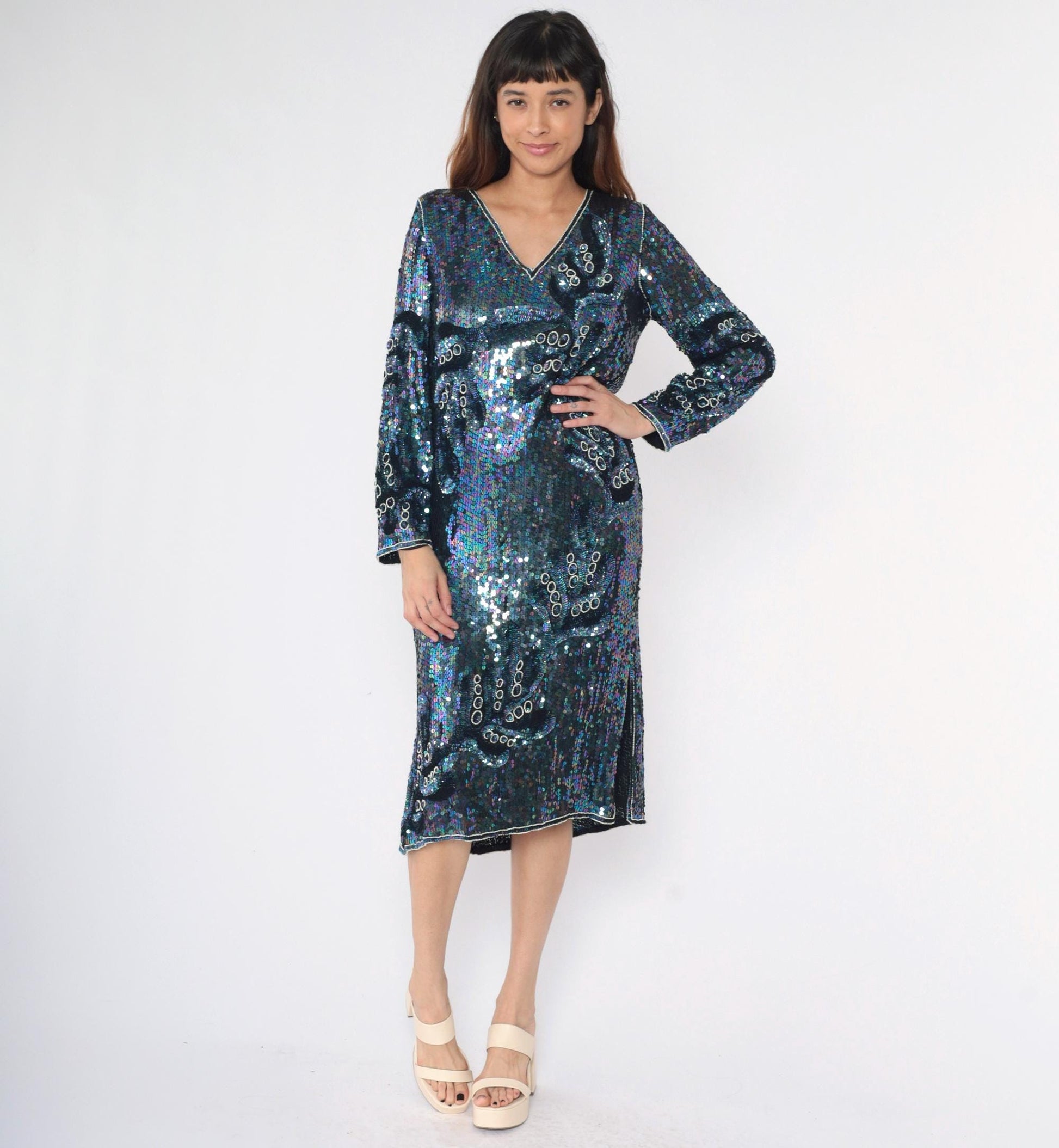 80s Blue Sequin Silk Midi Dress Iridescent Beaded V-Neck Long Sleeve Small