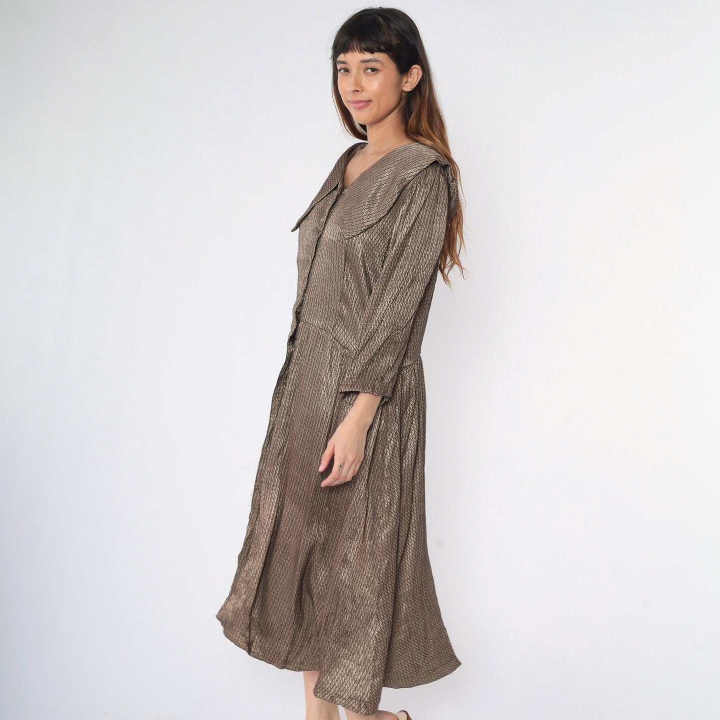 80s Gold Metallic Button-Down Midi Dress Wide Collar Long Sleeve Medium Large