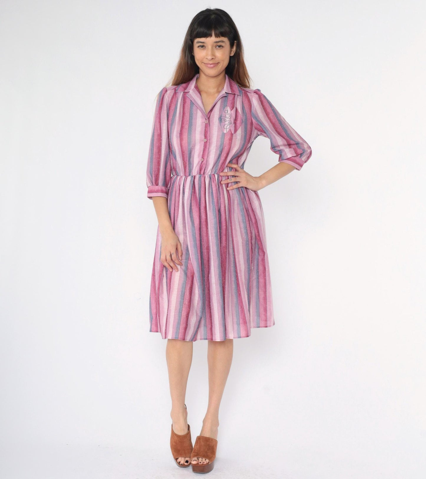 80s Pink Purple Striped Midi Shirtdress Embroidered Collar Button Up Medium M