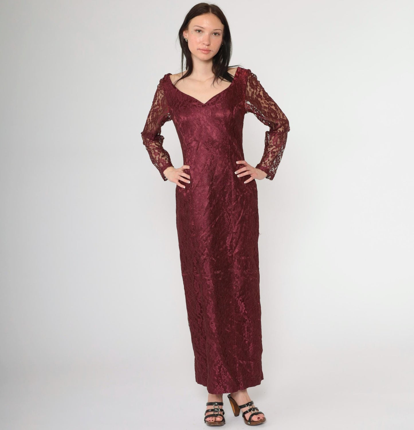 90s Wine Lace Maxi Dress Sweetheart Neckline Long Sleeve Slit Small