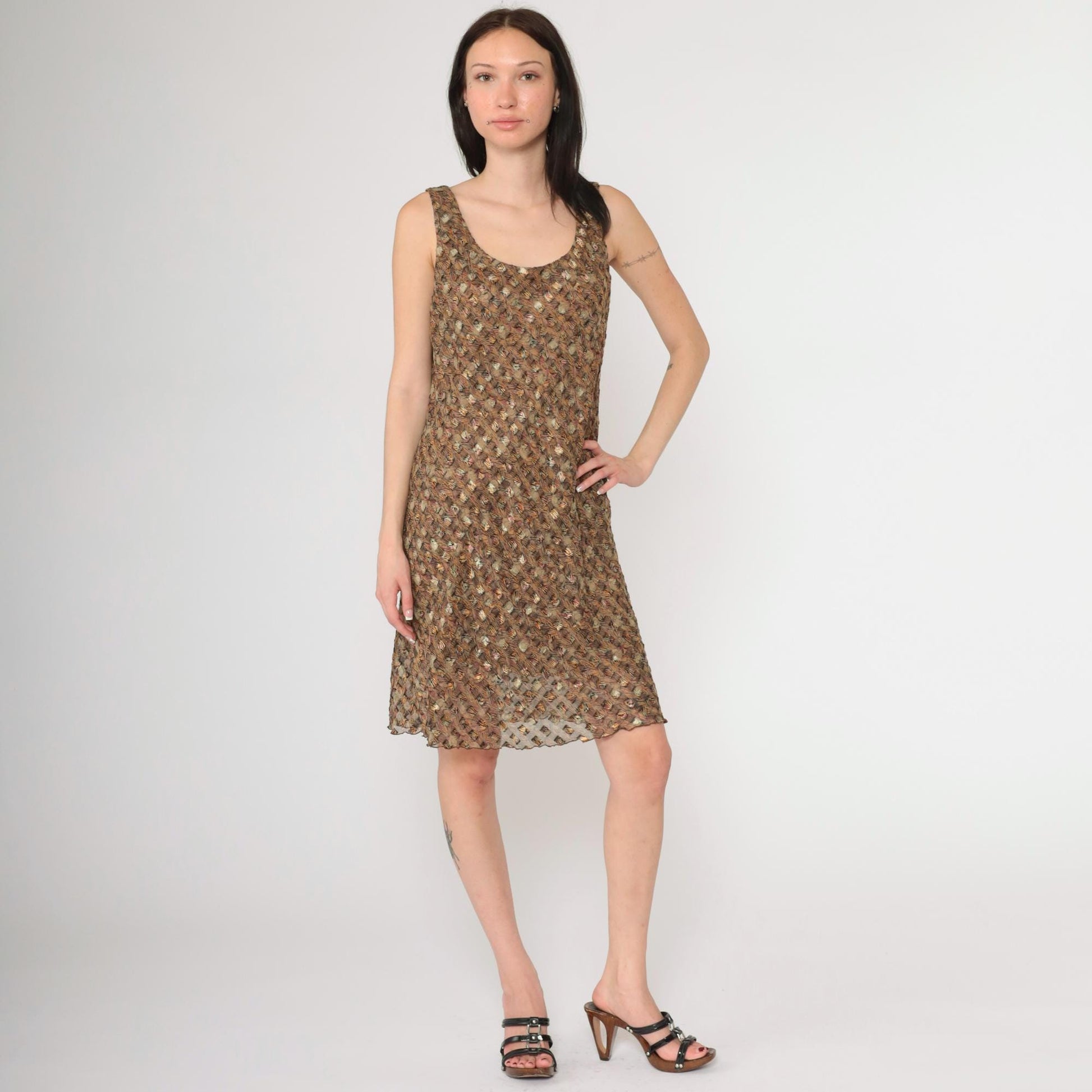 90s Sheer Metallic Floral Abstract Chiffon Mini Dress Scoop Neck Sleeveless Large L