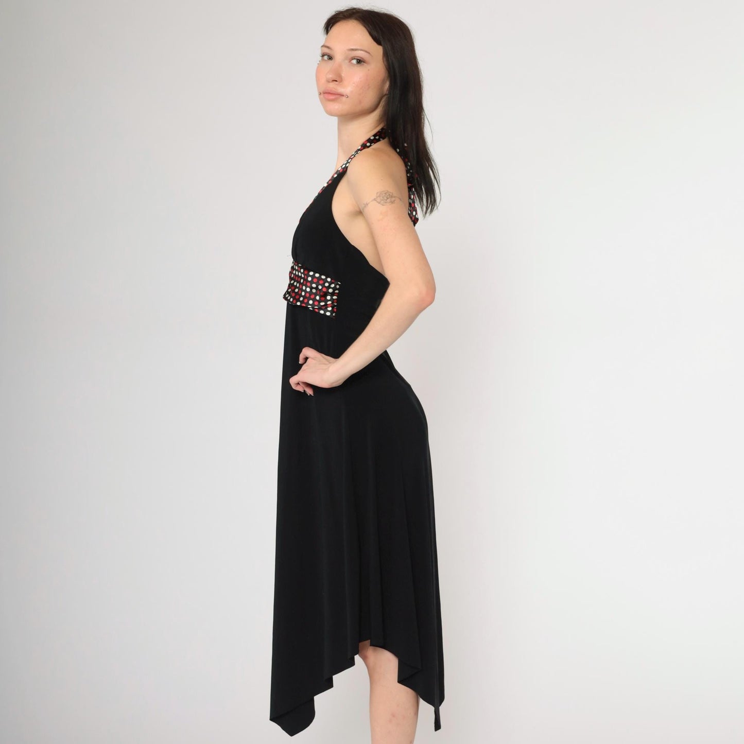 Y2K Black Halter Neck Midi Dress Polka Dot Empire Waist High Low Hem Medium