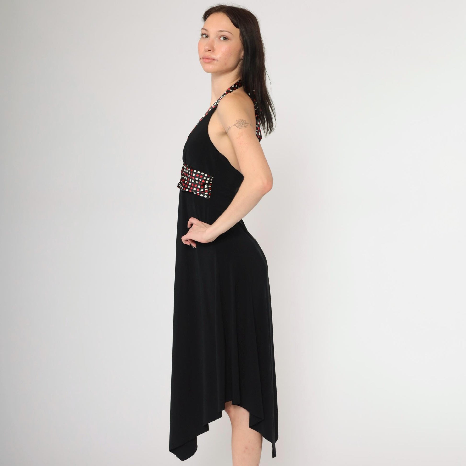 Y2K Black Halter Neck Midi Dress Polka Dot Empire Waist High Low Hem Medium