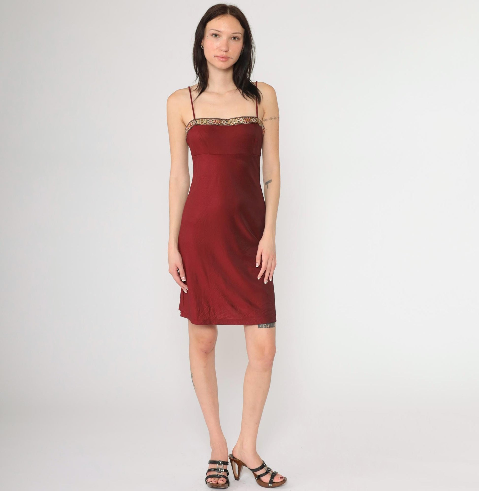 90s Burgundy Spaghetti Strap Mini Dress Embroidered Square Neckline Empire Waist Small
