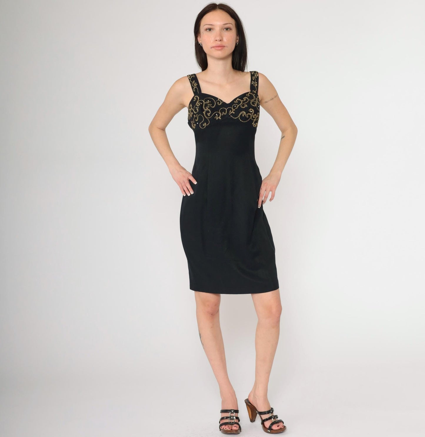 90s Black Mini Dress Gold Soutache Rhinestone Empire Waist Sweetheart Small