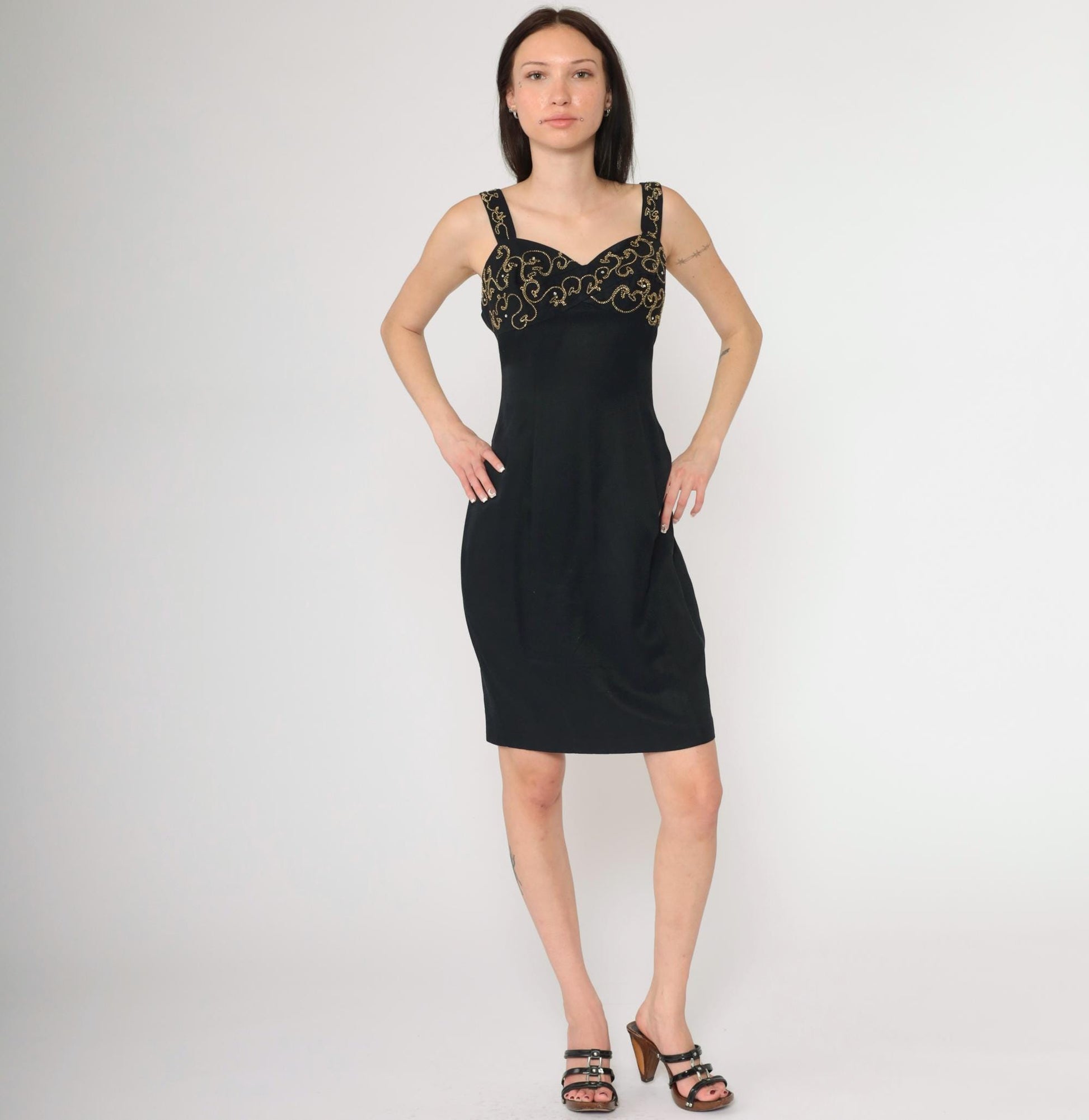 90s Black Mini Dress Gold Soutache Rhinestone Empire Waist Sweetheart Small