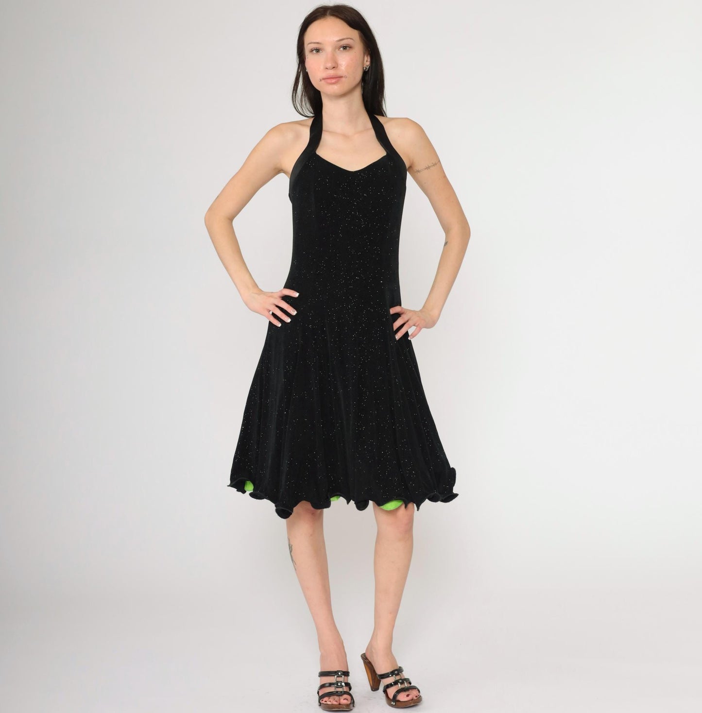 90s Black Glitter Halter Dress Lime Green Lining Knee Length Small